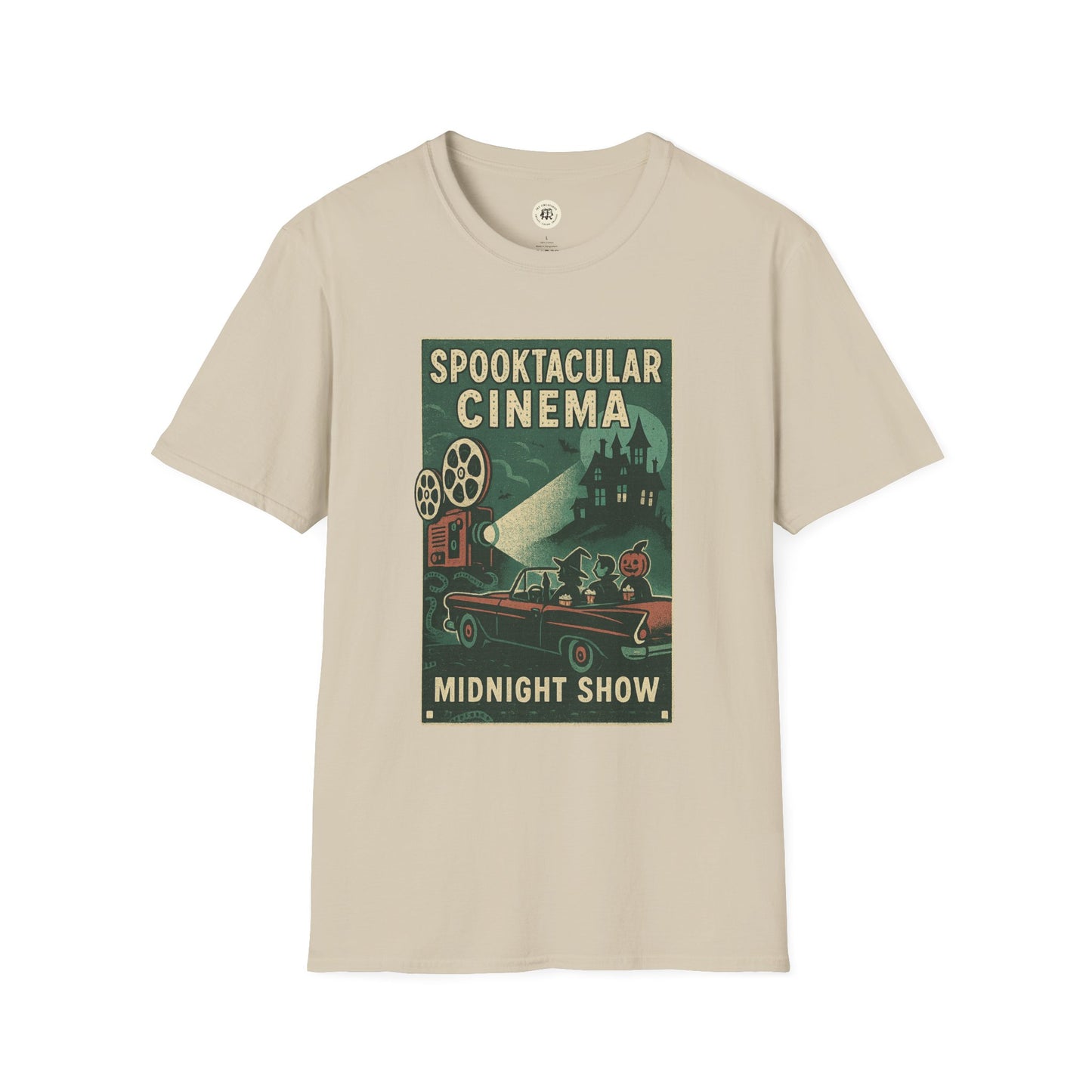 Printify beige vintage cinema t-shirt featuring spooky midnight show graphic design