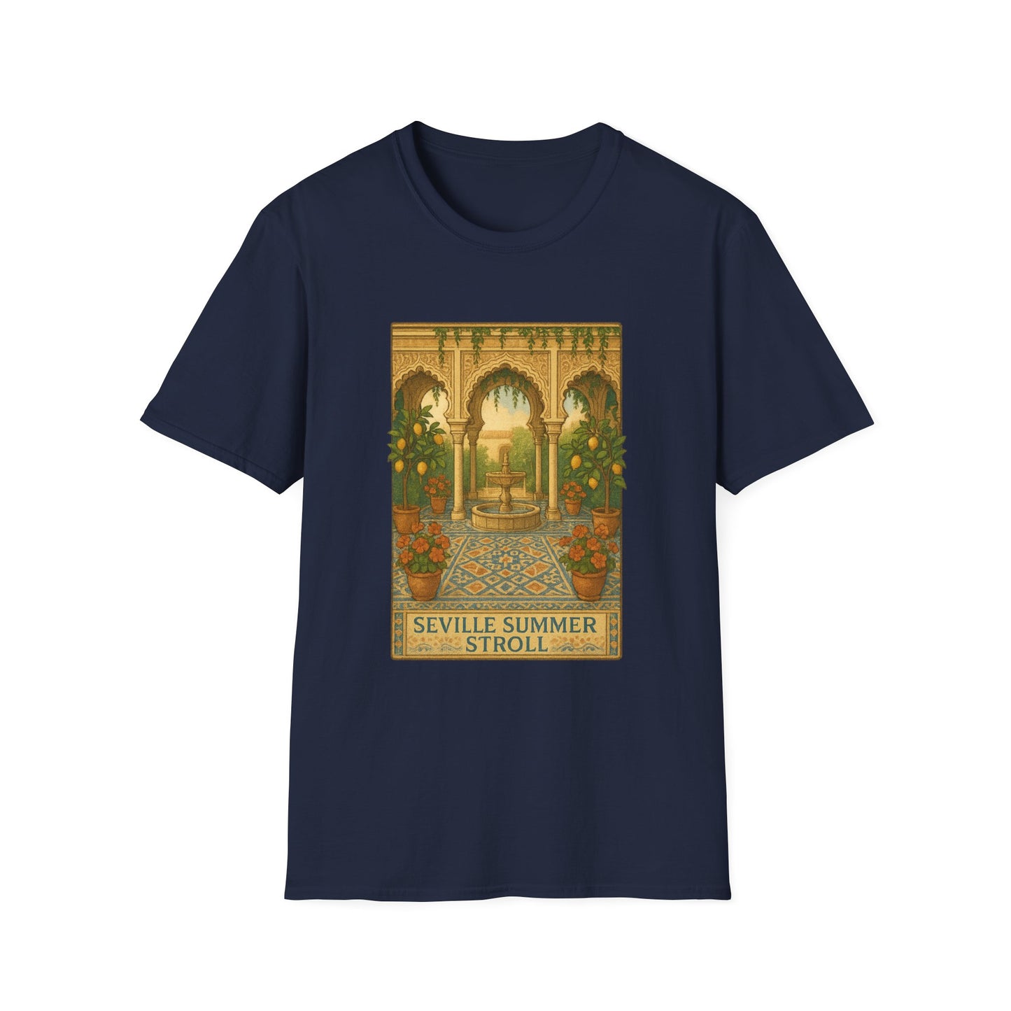 Seville Courtyard T-Shirt | Mediterranean Travel Shirt | Italy Greece Coastal Tee | Summer Graphic | Historic Style