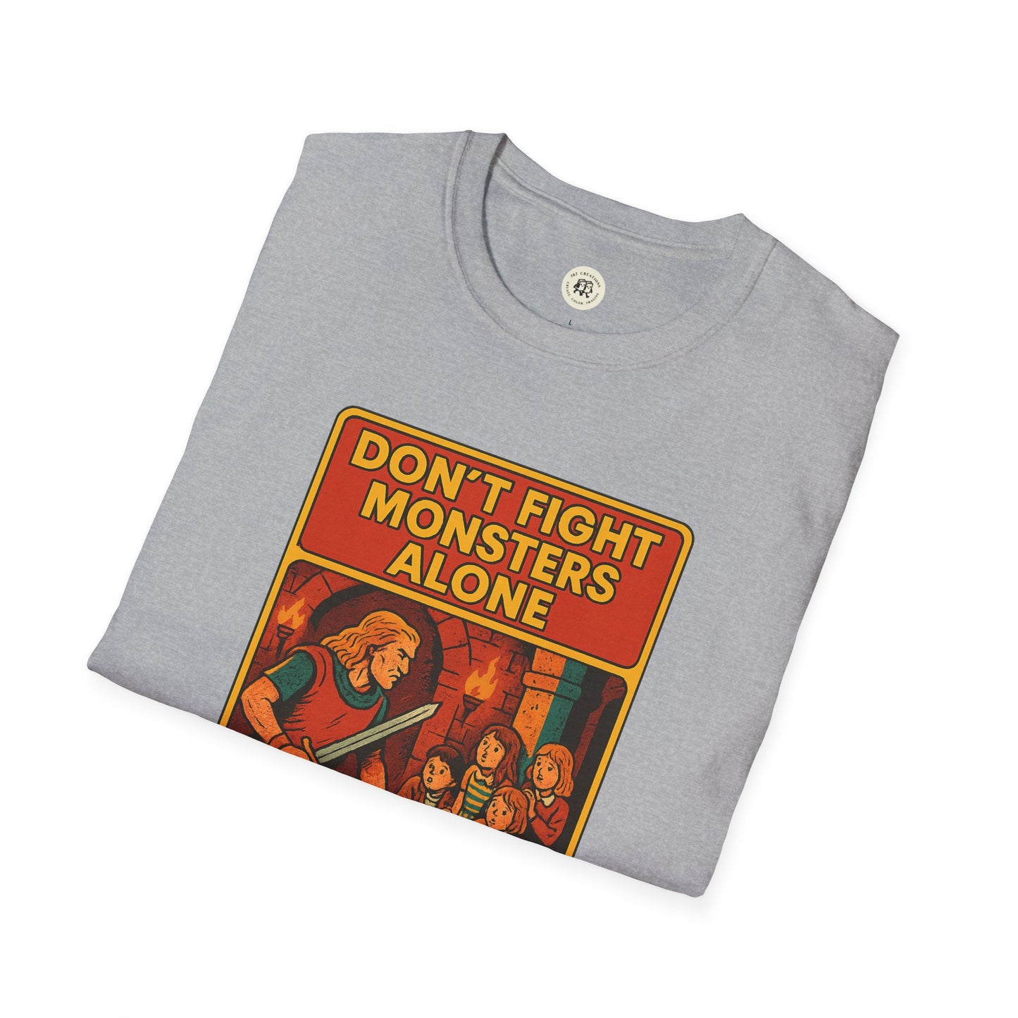 Gray Beowolf bravery t-shirt with Donβt Fight Monsters Alone comic style design printed by Printify