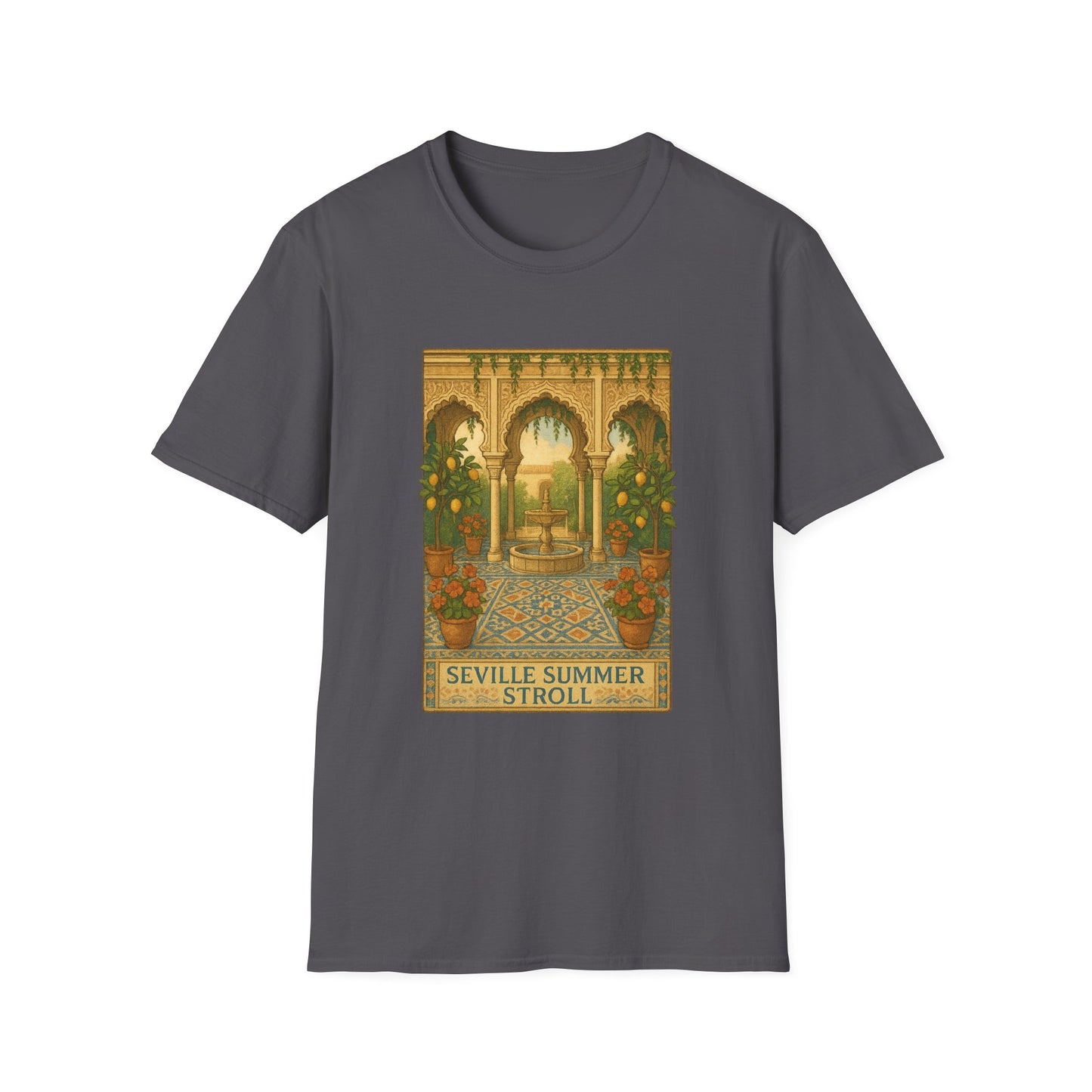 Seville Courtyard T-Shirt | Mediterranean Travel Shirt | Italy Greece Coastal Tee | Summer Graphic | Historic Style