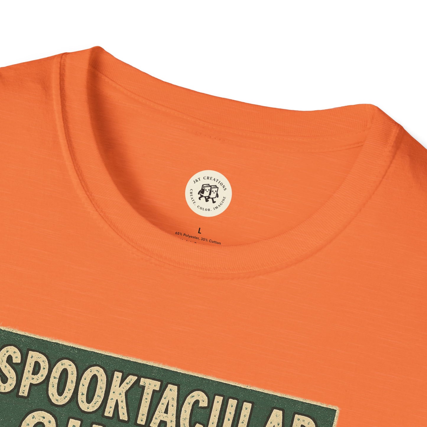 Orange vintage cinema t-shirt by Printify with retro spooky design and round neckline
