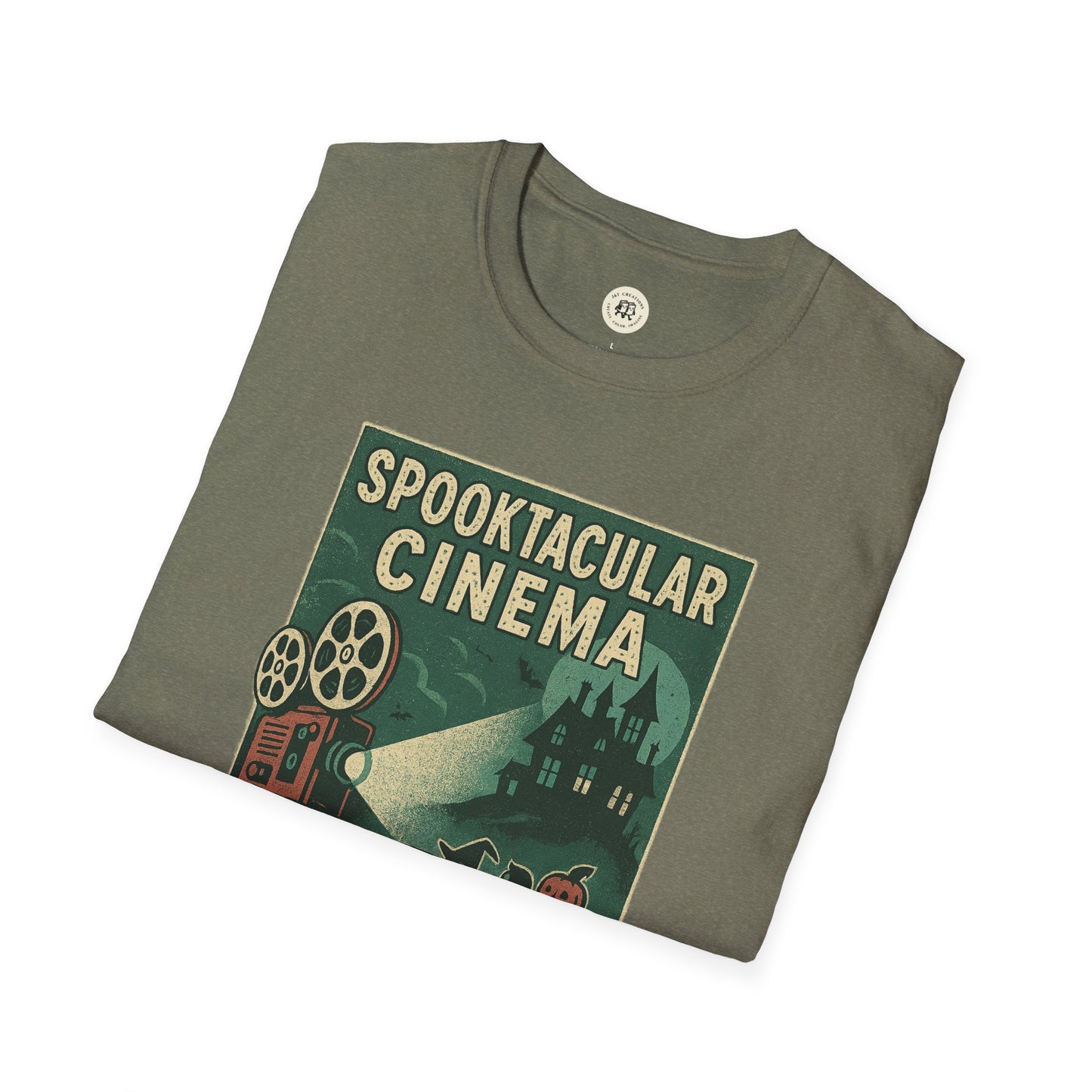 Printify vintage cinema t-shirt featuring spooky retro movie projector and haunted house design
