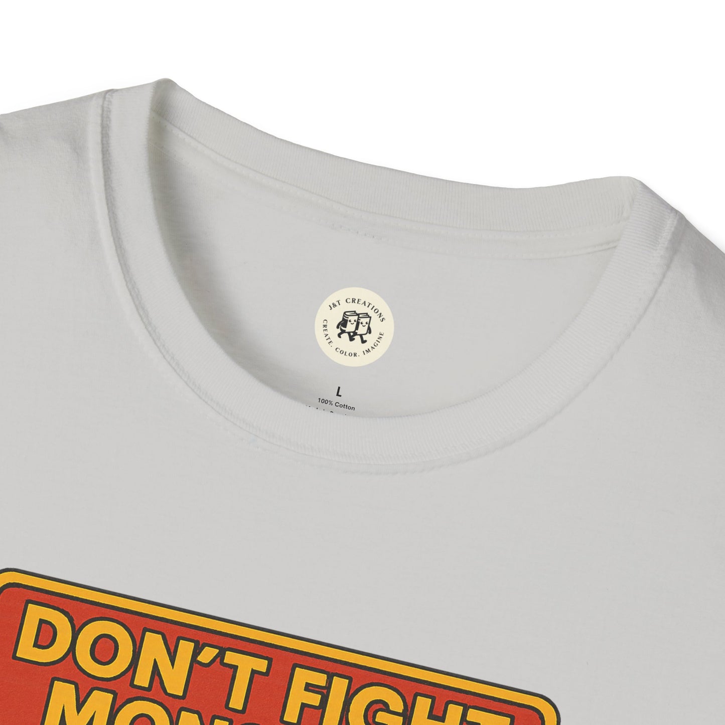Close-up of white Printify Beowolf bravery t-shirt collar and printed text design