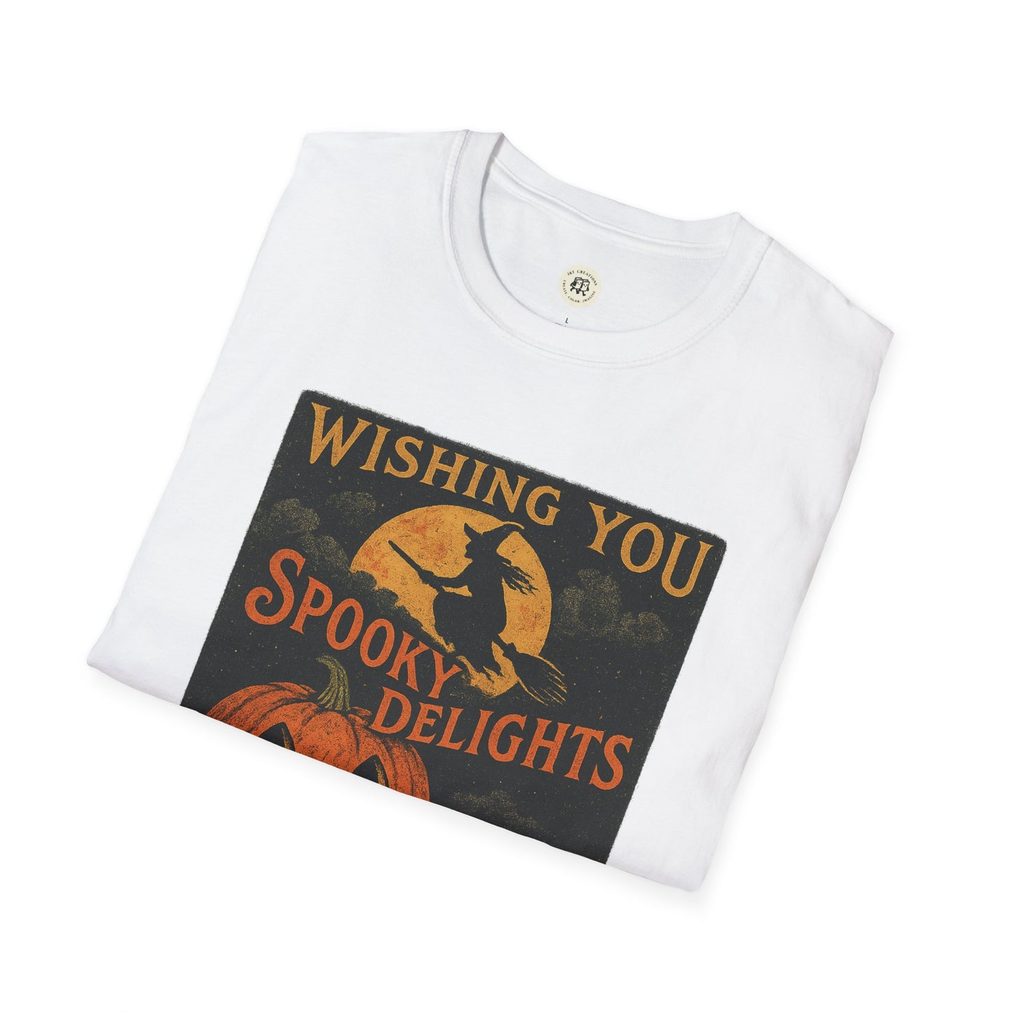 White folded tee with vintage witch moon and pumpkins Wishing You Spooky Delights Halloween spooky t-shirt unisex