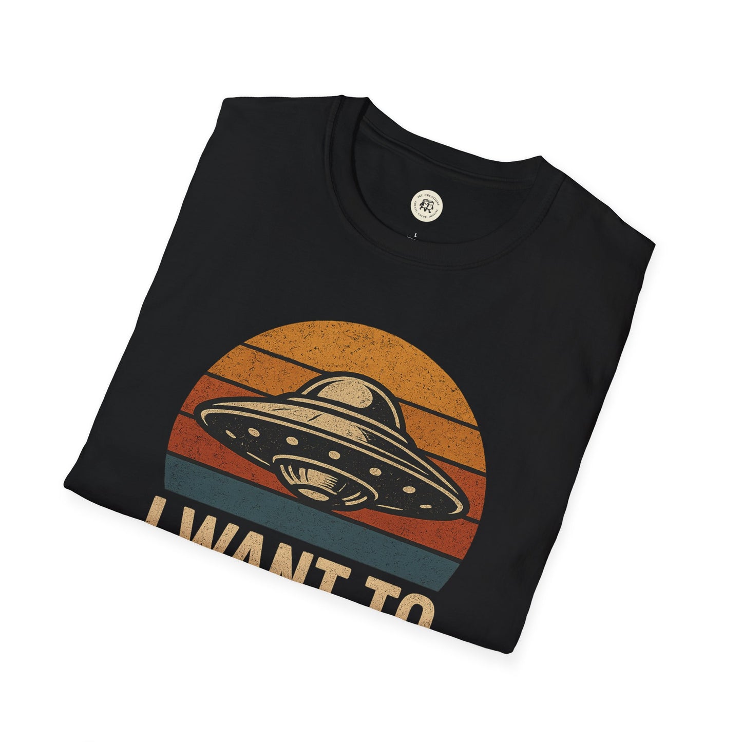 Black Printify retro UFO t-shirt with vintage spaceship graphic and sunset stripes design