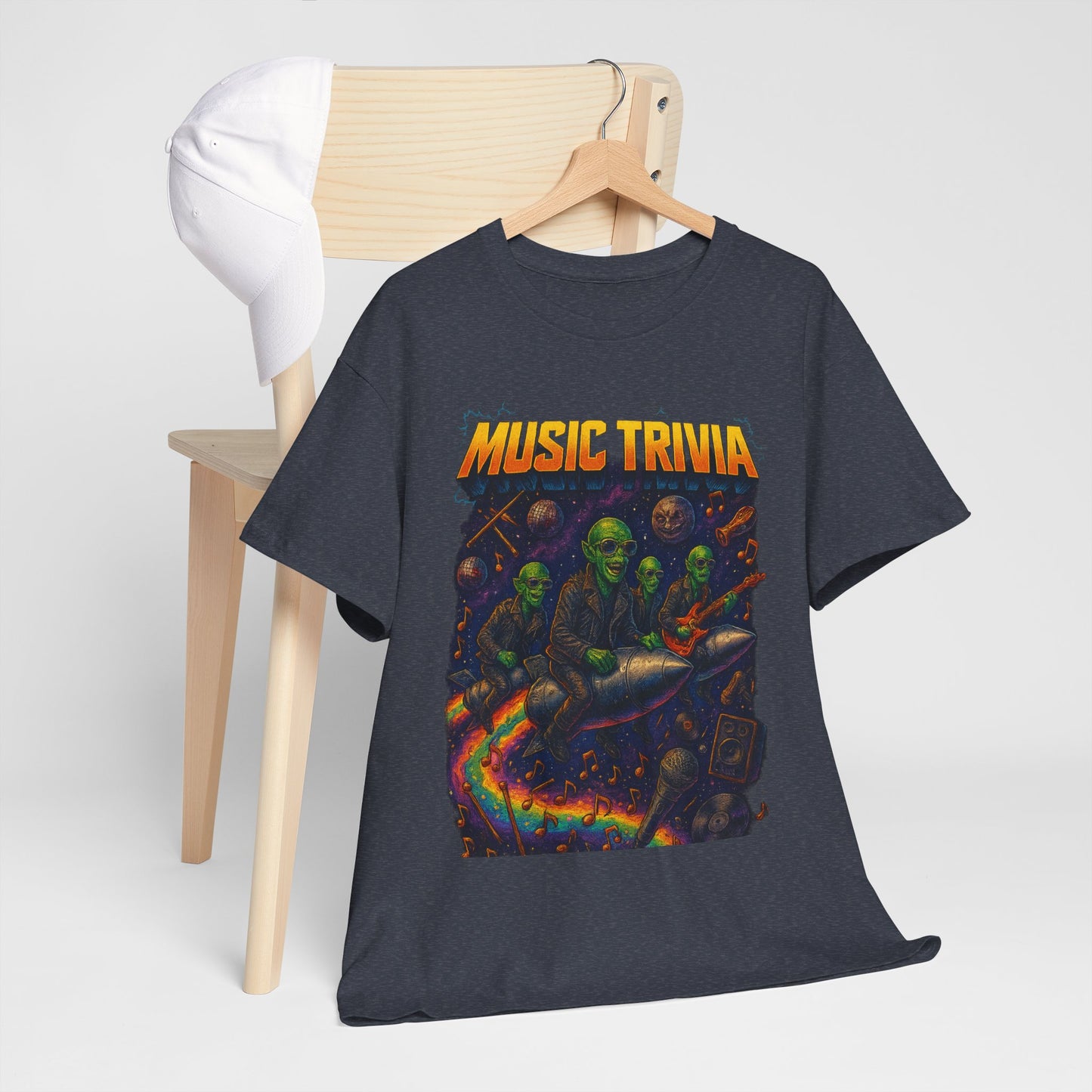 Music Trivia T-Shirt with Retro Alien Band Design