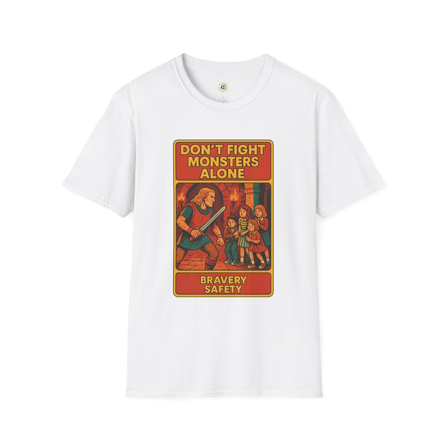 White Beowolf bravery t-shirt with vintage style graphic and text Dont Fight Monsters Alone