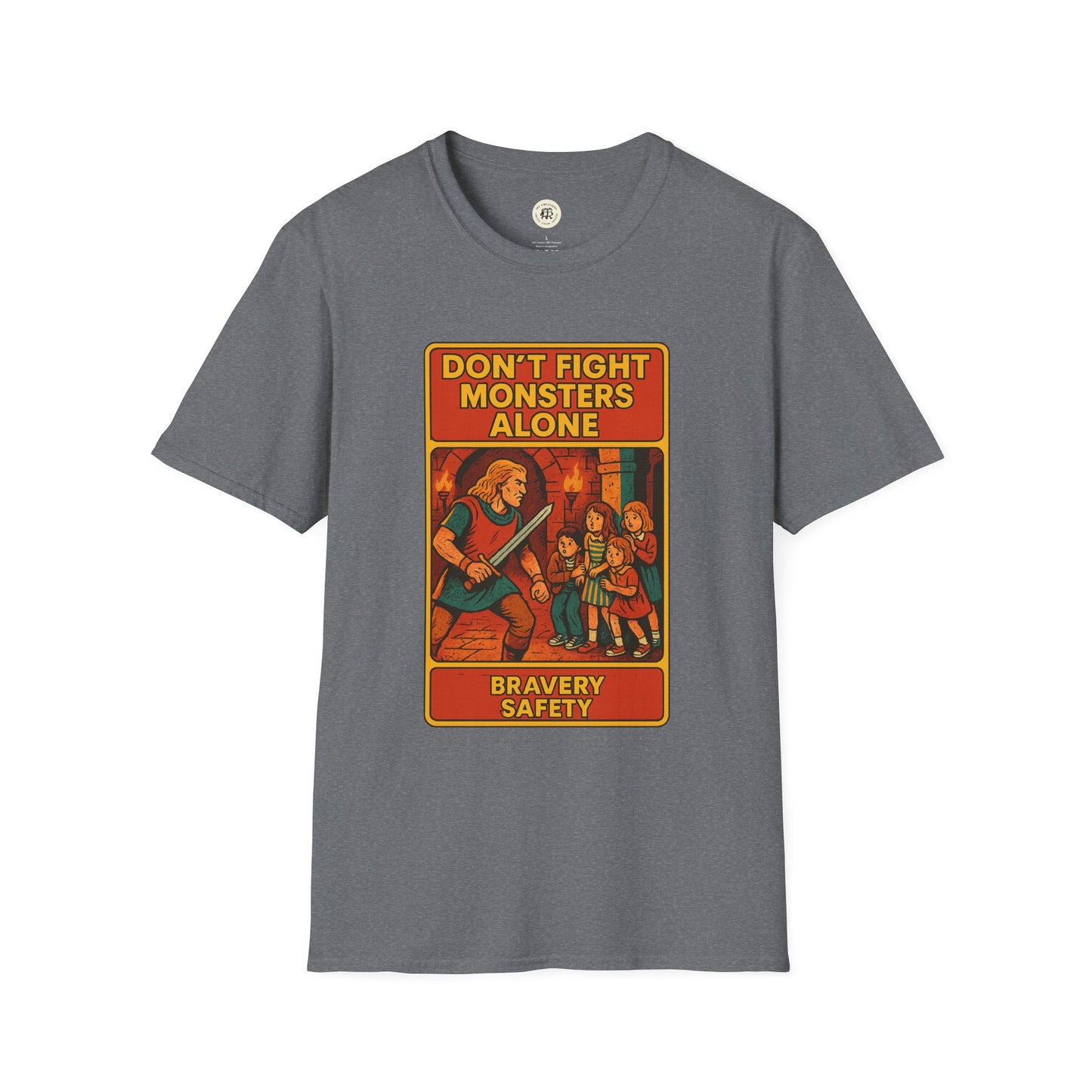 Gray Beowolf bravery t-shirt with vintage style graphic and text about fighting monsters and safety