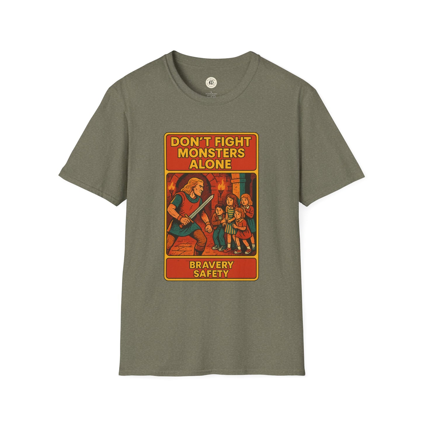 Printify Beowolf bravery t-shirt with vintage heroic design and text don't fight monsters alone