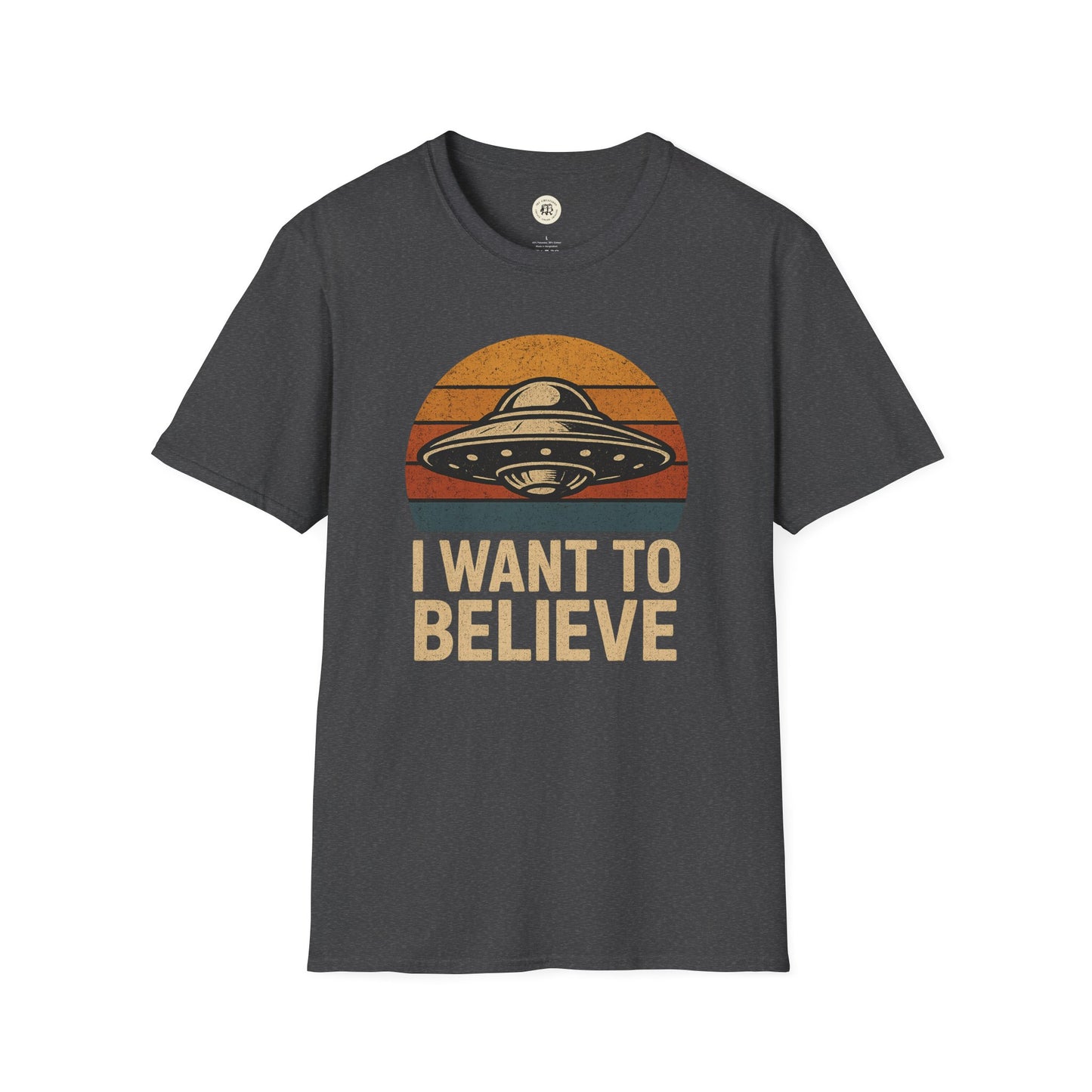 Printify retro UFO t-shirt in dark gray with vintage flying saucer and I want to believe slogan