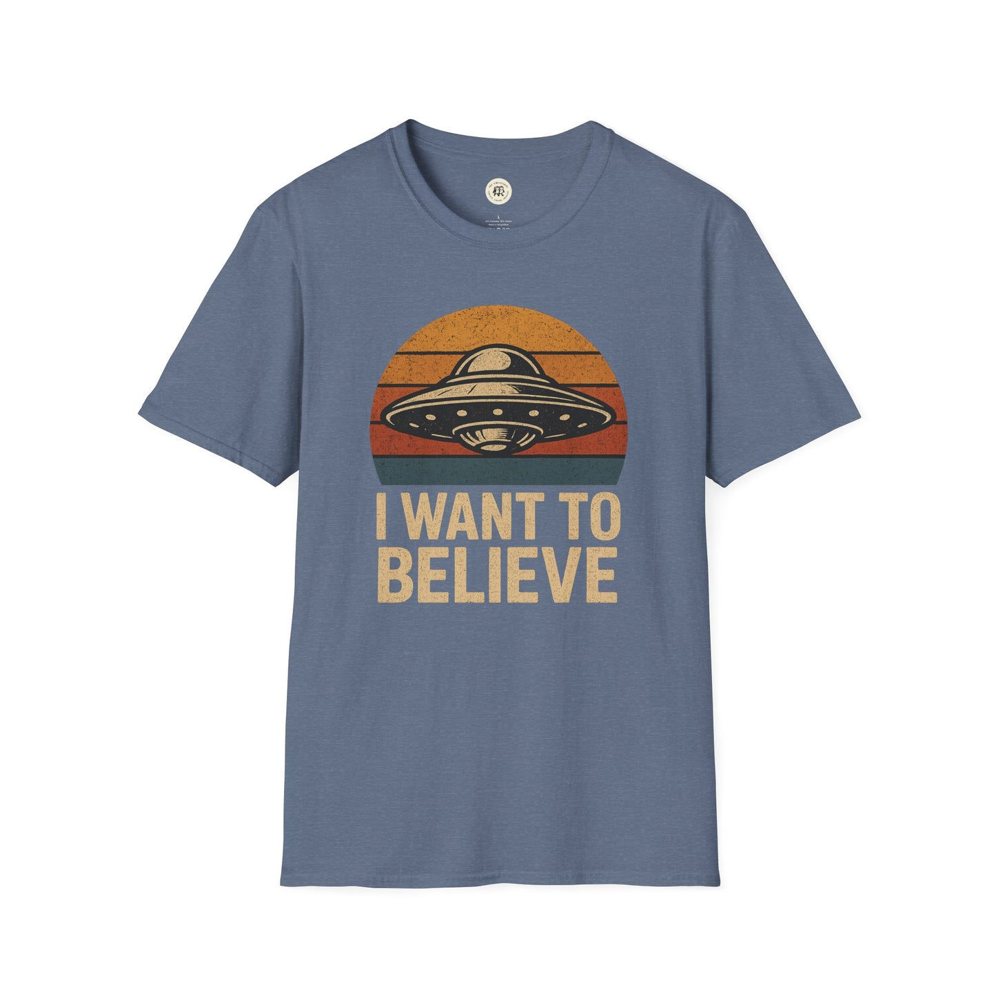 Printify retro UFO t-shirt in blue with vintage flying saucer and I want to believe text