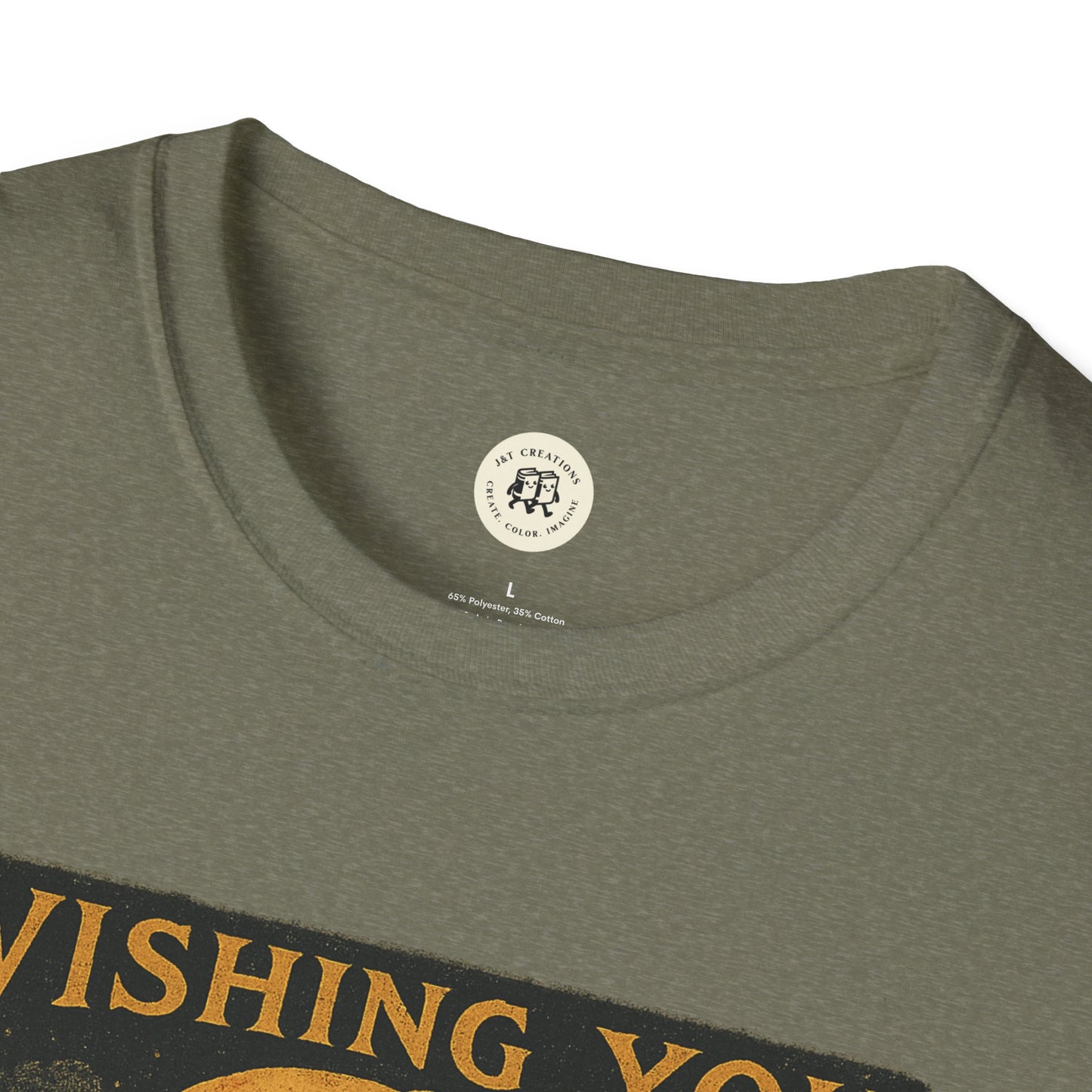 Printify olive green crewneck T Shirt close up showing vintage Halloween spooky t-shirt unisex design