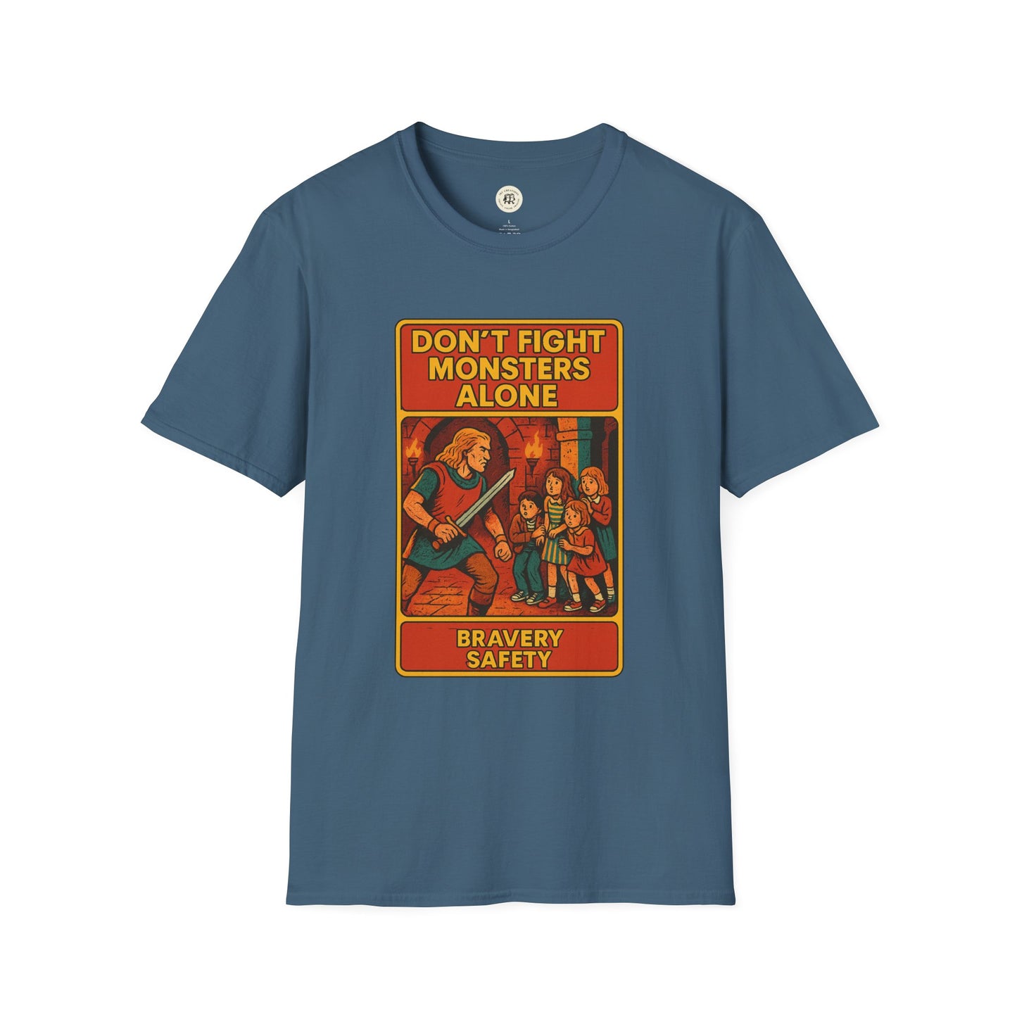 Printify Beowolf bravery t-shirt in blue with graphic showing warrior defending children from monsters