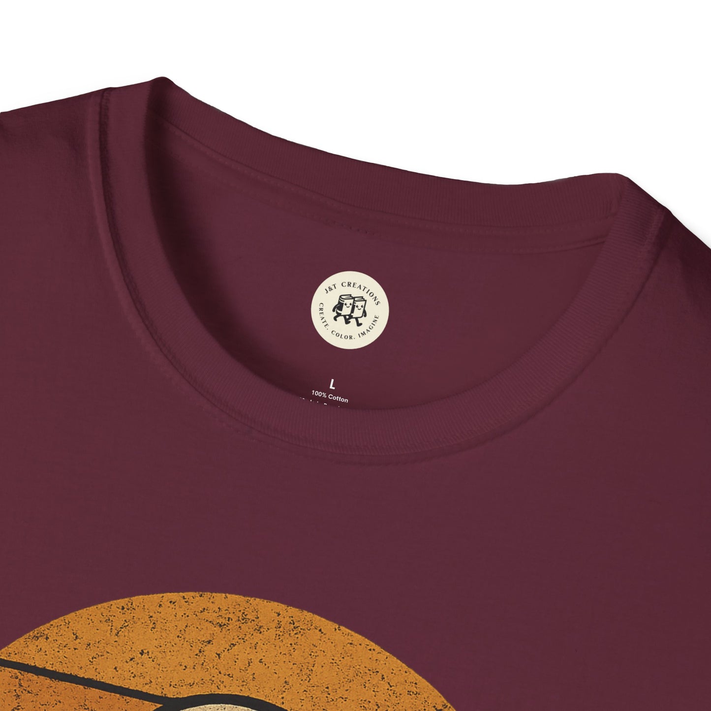 Maroon Printify T-shirt featuring a retro UFO t-shirt design with vintage orange and black elements