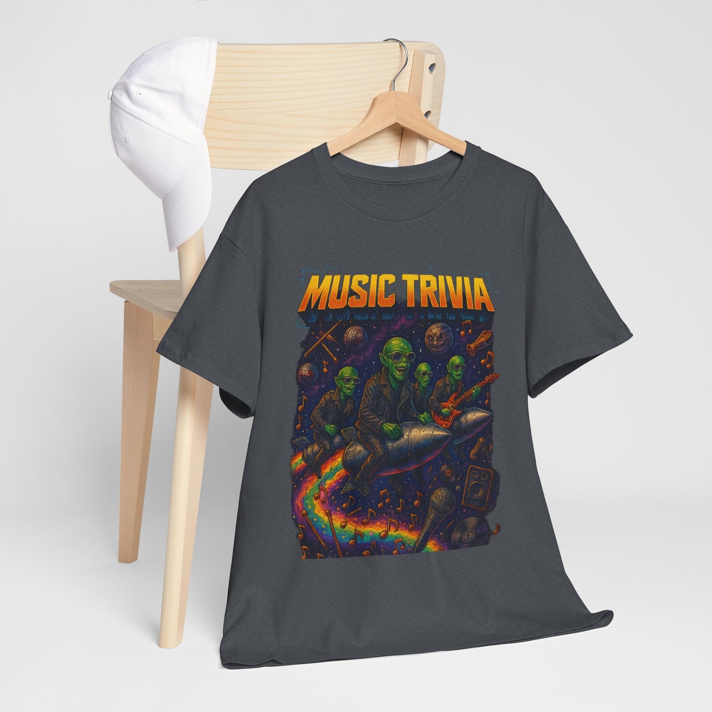 Music Trivia T-Shirt with Retro Alien Band Design