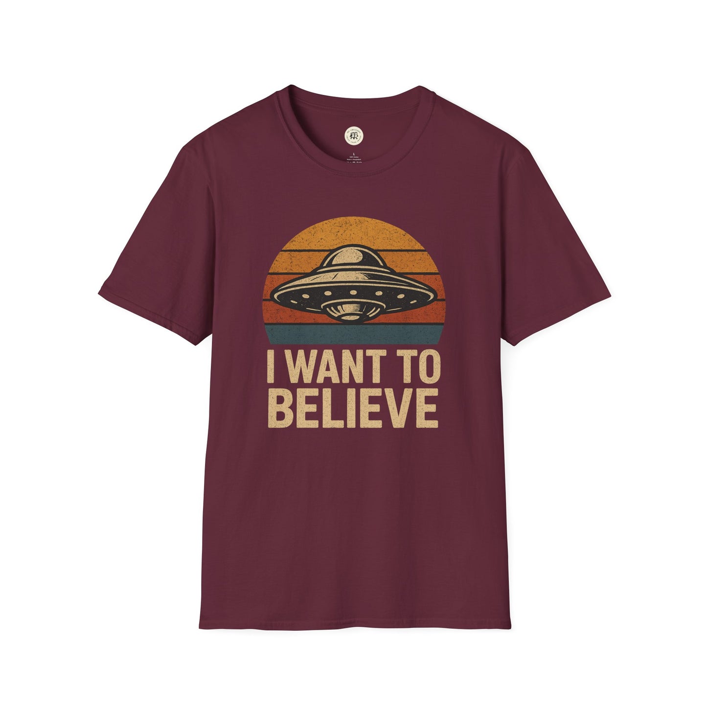 Maroon Printify retro UFO t-shirt with vintage flying saucer and I want to believe text