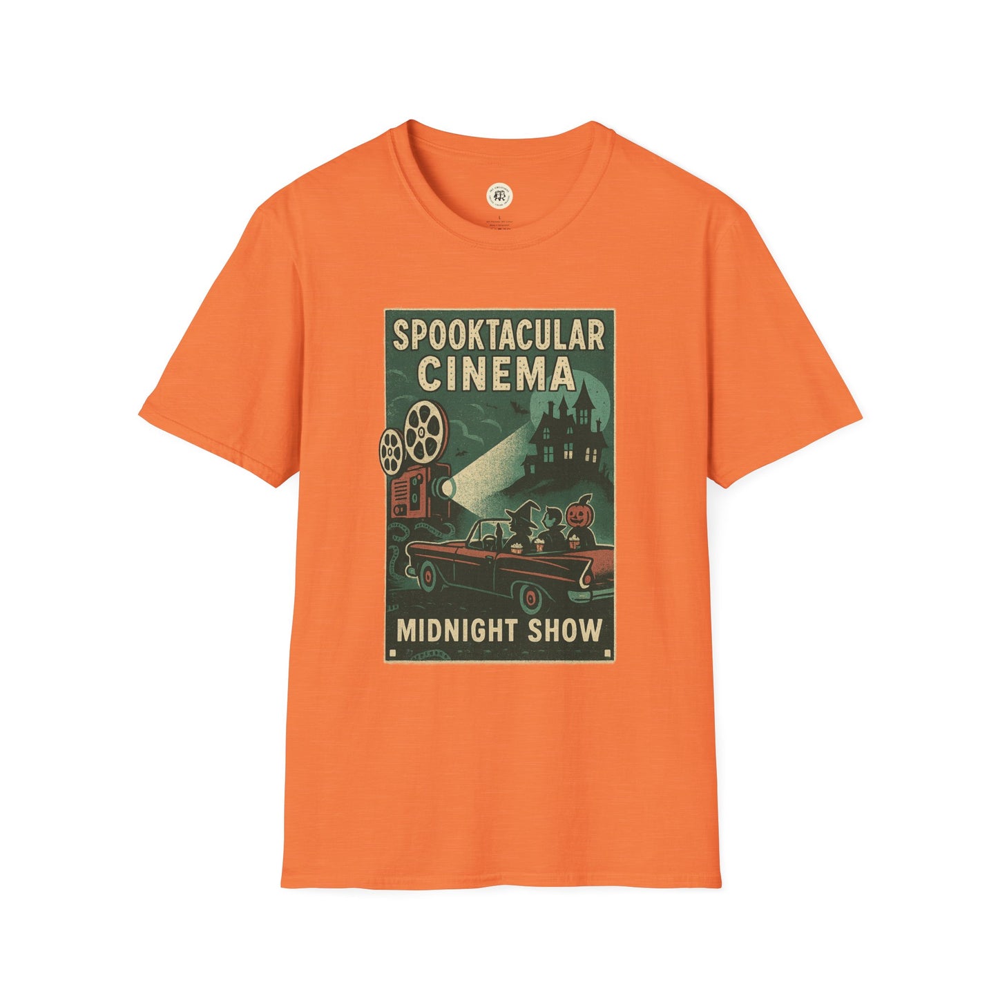 Orange Printify vintage cinema t-shirt featuring spooky midnight show graphic with classic car and projector