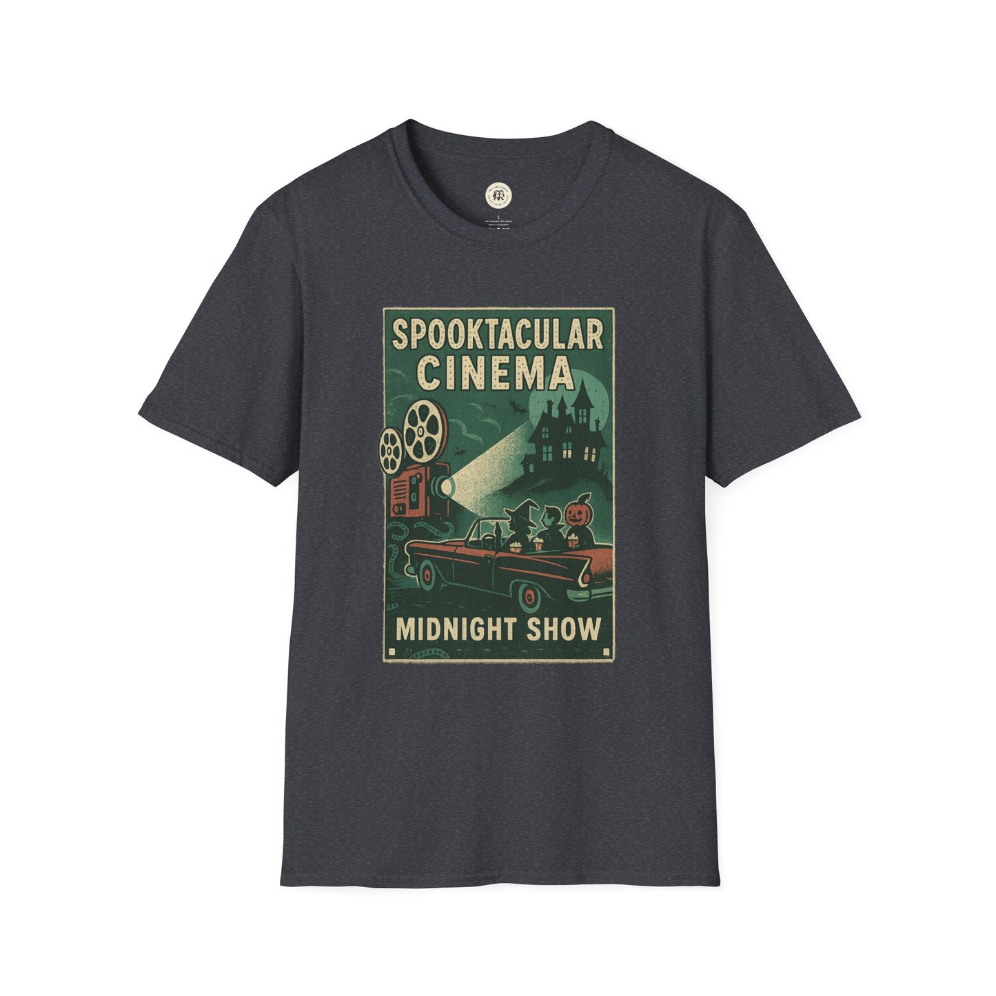 Charcoal vintage cinema t-shirt with spooky midnight show graphic from Printify