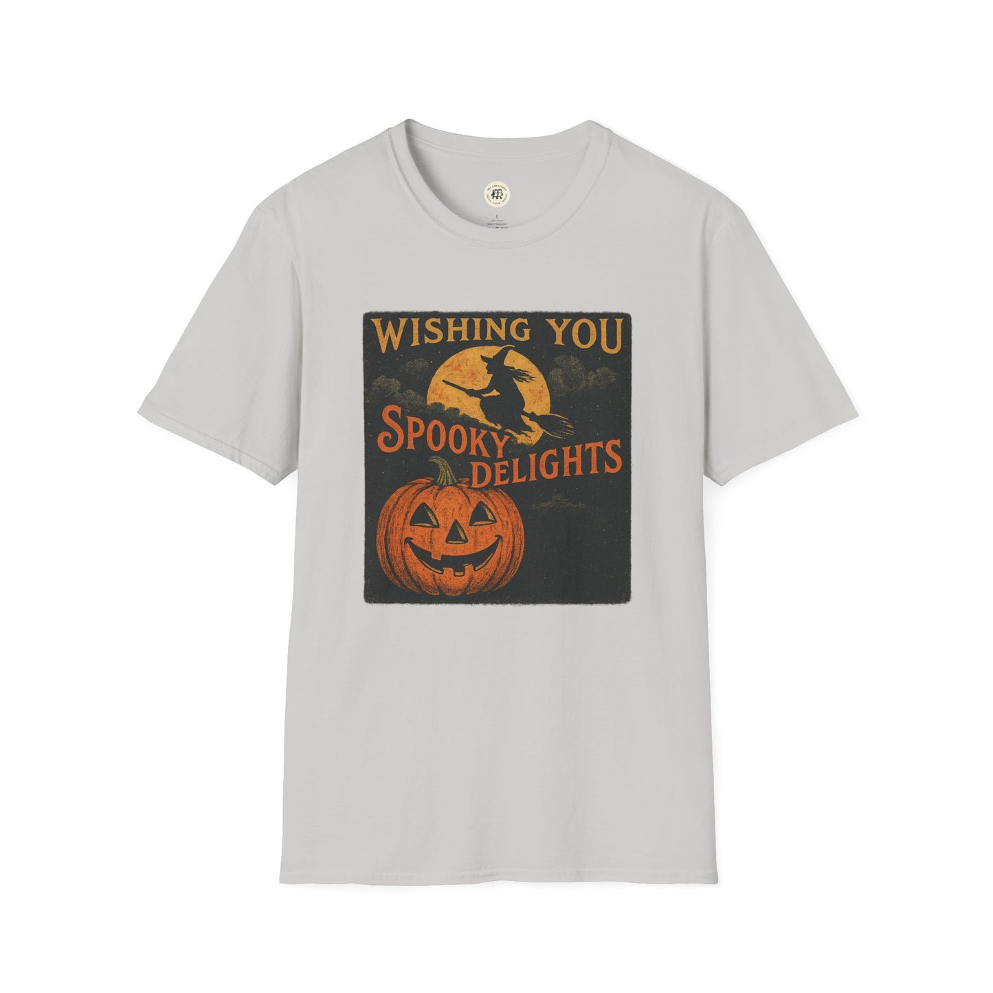 Printify Halloween spooky t-shirt unisex gray tee with vintage jack o lantern pumpkin and witch silhouette