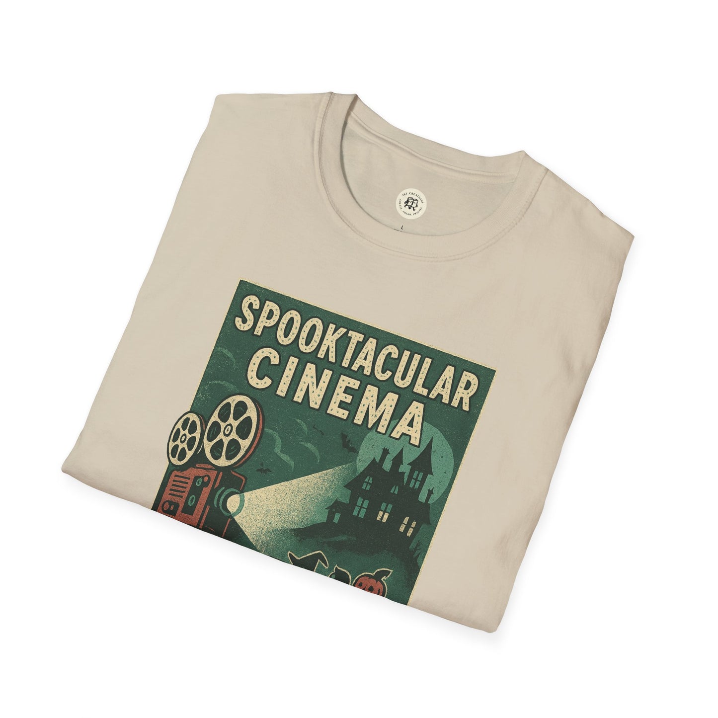 Printify vintage cinema t-shirt with spooky movie projector and haunted house graphic