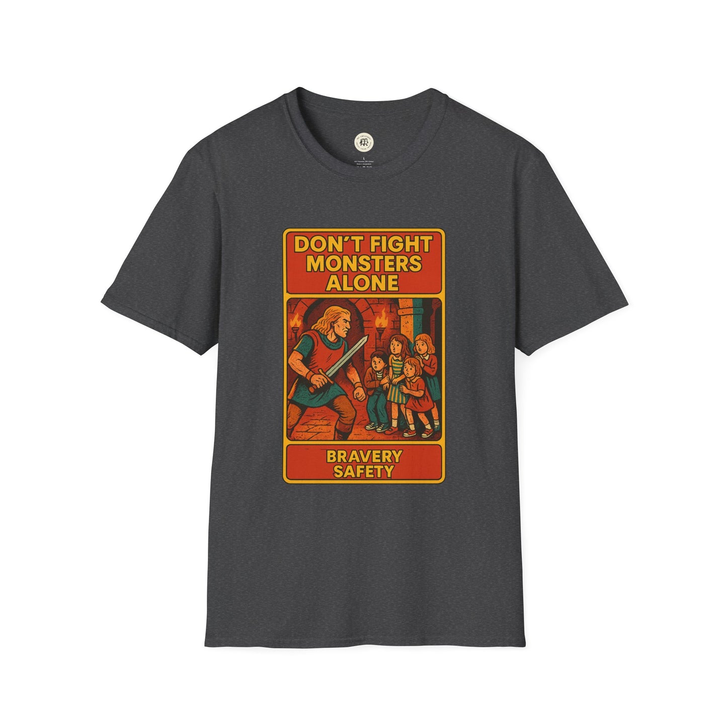 Printify black Beowolf bravery t-shirt with vintage styled graphic and text about fighting monsters
