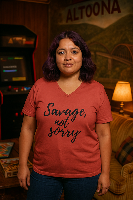 Savage V-Neck T-Shirt – Bold 'Savage, Not Sorry' Tee