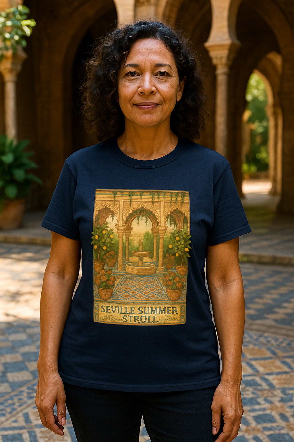 Seville Courtyard T-Shirt | Mediterranean Travel Shirt | Italy Greece Coastal Tee | Summer Graphic | Historic Style