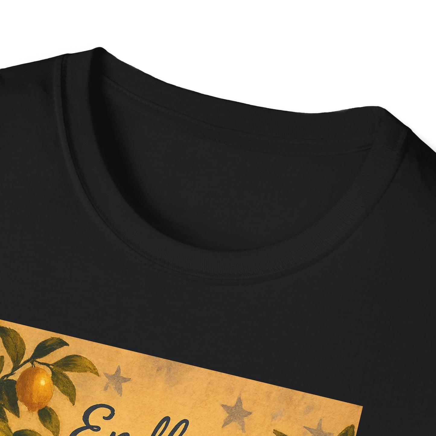 Black Printify T-Shirt featuring Alamo citrus patriotic shirt design with orange fruit and stars