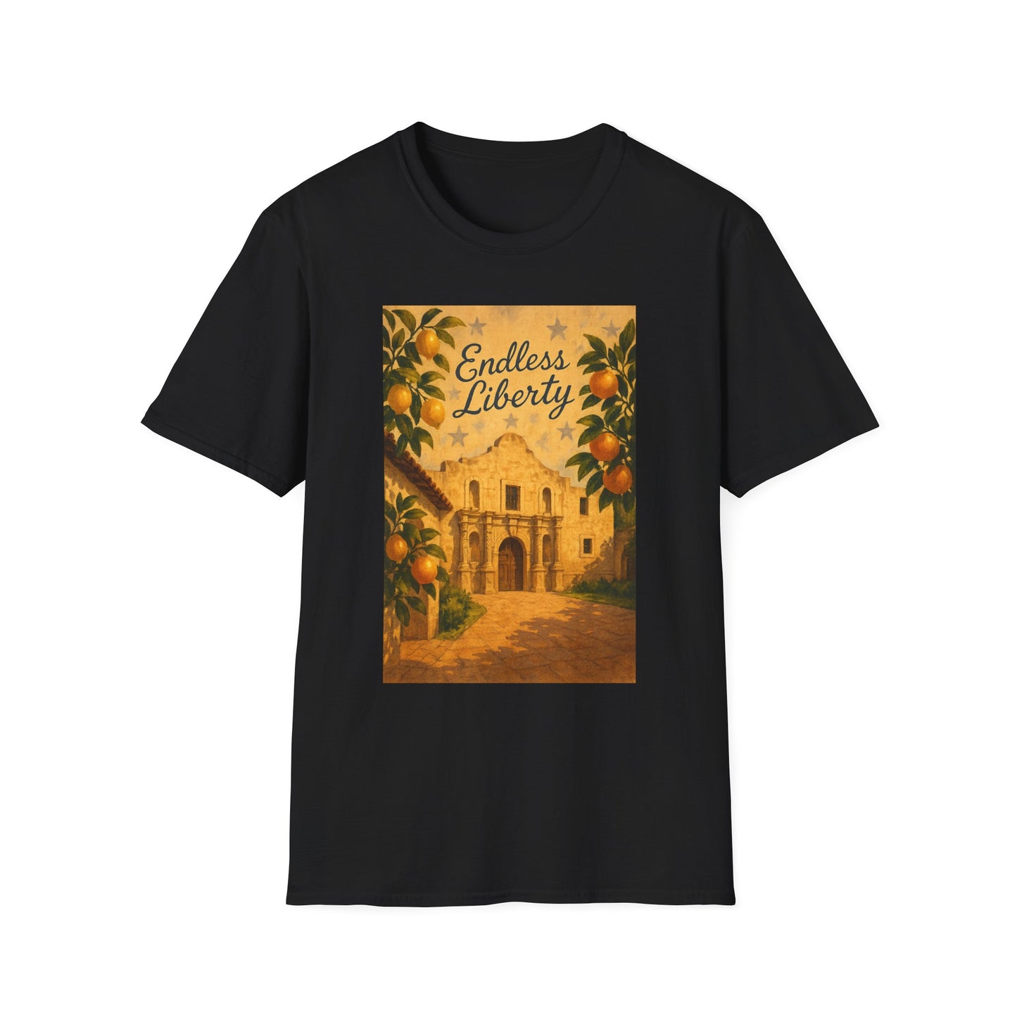 Black Printify T-shirt featuring Alamo citrus patriotic shirt design with endless liberty text
