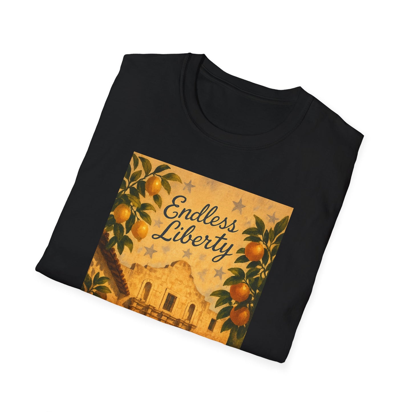 Alamo citrus patriotic shirt black T-shirt with vintage Alamo design and orange citrus fruits print