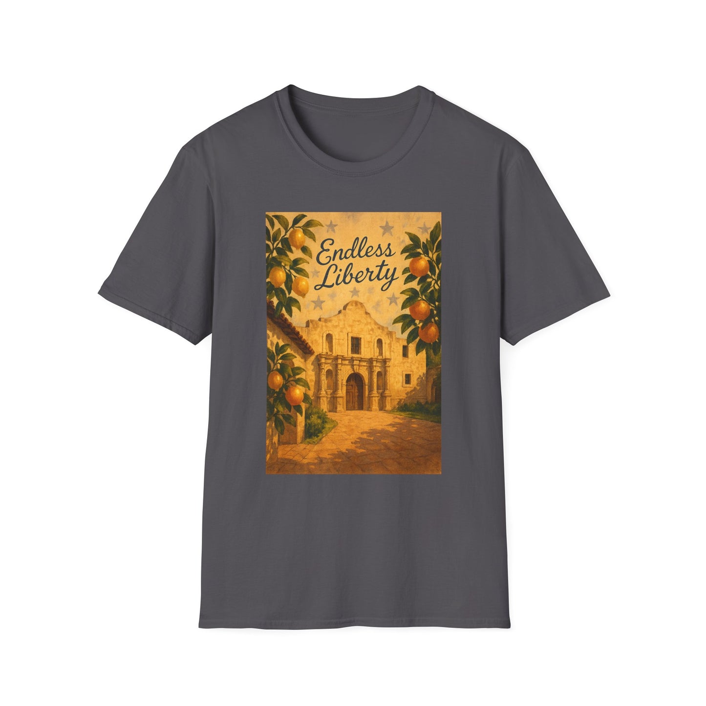 Printify Alamo citrus patriotic shirt with vintage Alamo design and orange citrus graphics on gray T-shirt
