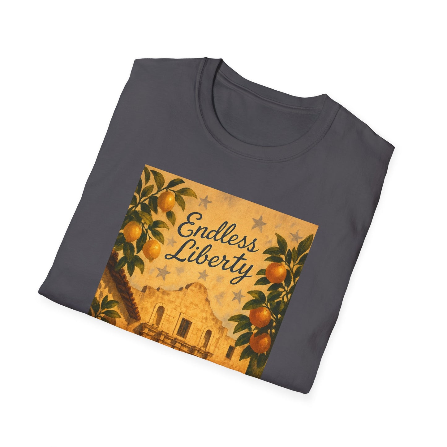 Printify Alamo citrus patriotic shirt with vintage Alamo design and orange fruit accents on gray T-shirt