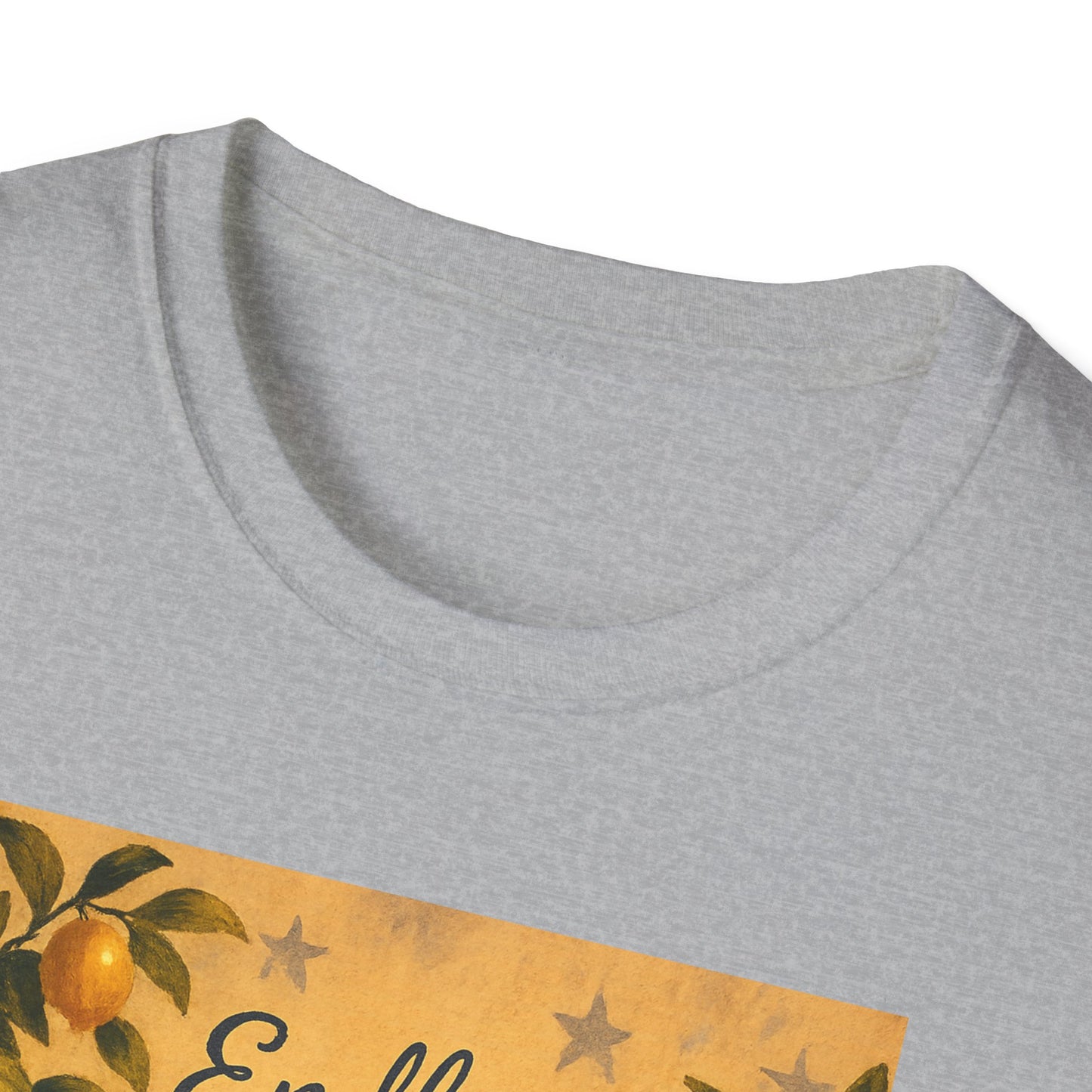 Close-up of a gray Alamo citrus patriotic shirt by Printify featuring a citrus fruit and star design