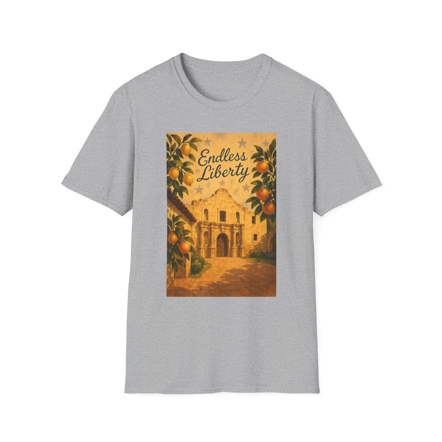 Gray T-Shirt featuring Alamo citrus patriotic shirt design with oranges and Endless Liberty text