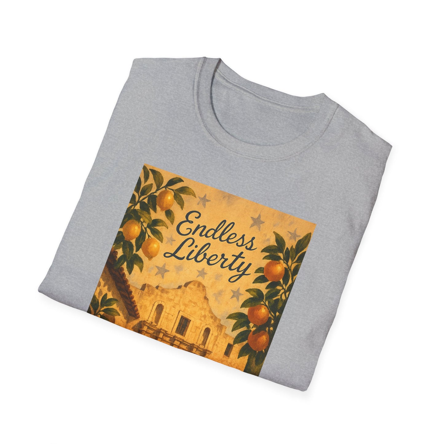 Printify gray T-shirt featuring Alamo citrus patriotic shirt design with oranges and the Alamo landmark