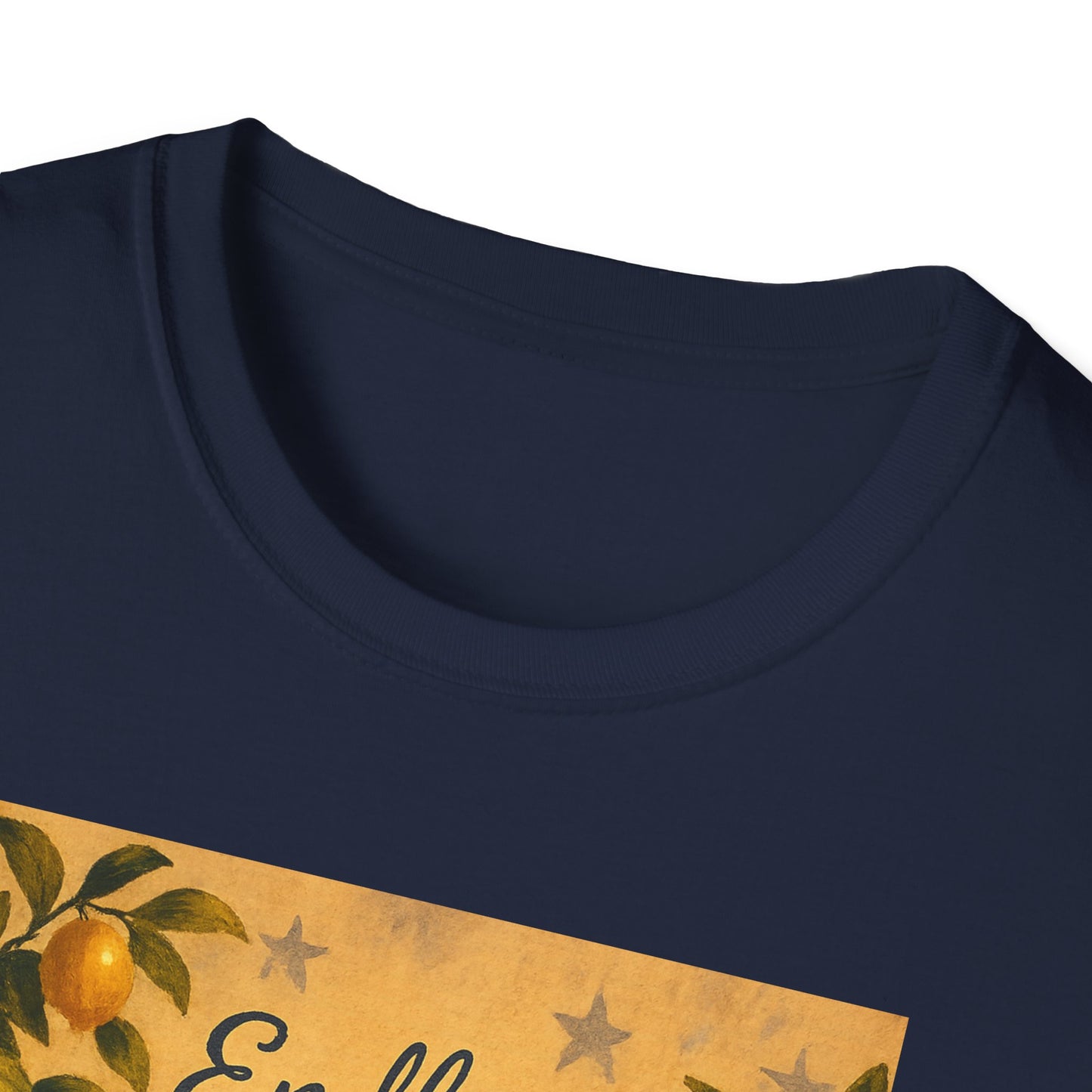 Navy printify T-shirt featuring Alamo citrus patriotic shirt design with vintage citrus and star details