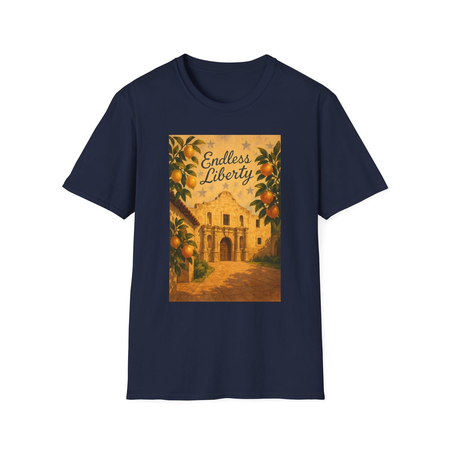 Navy Printify T-shirt featuring Alamo citrus patriotic shirt design with orange trees and Endless Liberty text