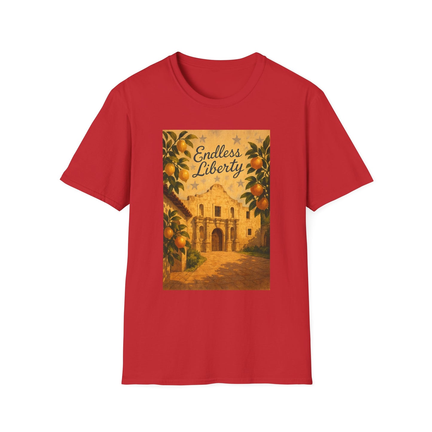 Red Printify T-Shirt featuring Alamo citrus patriotic shirt design with Endless Liberty text