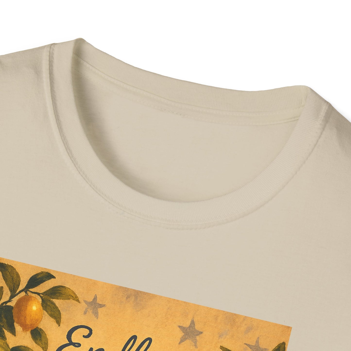 Close-up of a cream colored Alamo citrus patriotic shirt by Printify with citrus design and stars