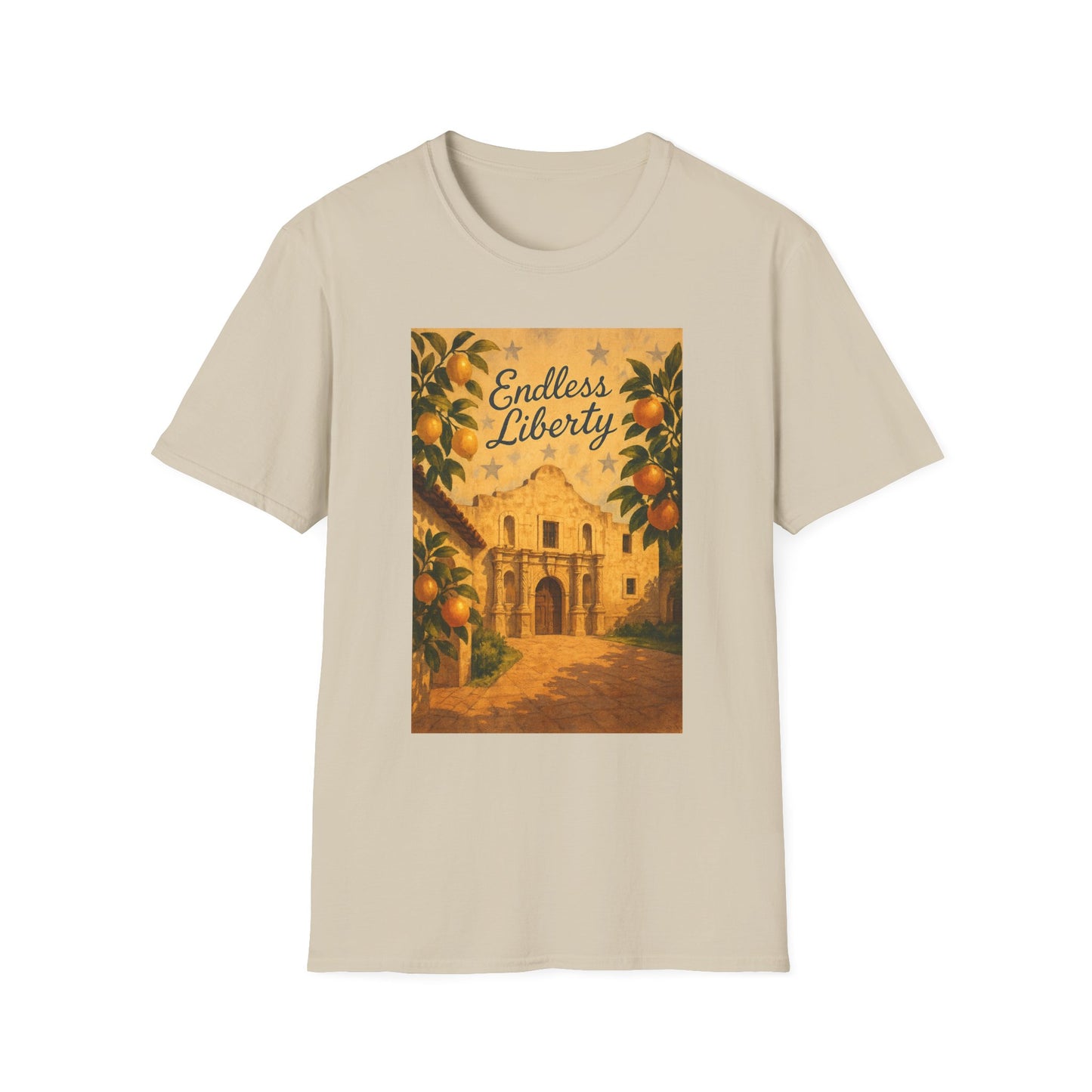 Printify beige T-shirt featuring Alamo citrus patriotic shirt design with oranges and Endless Liberty text