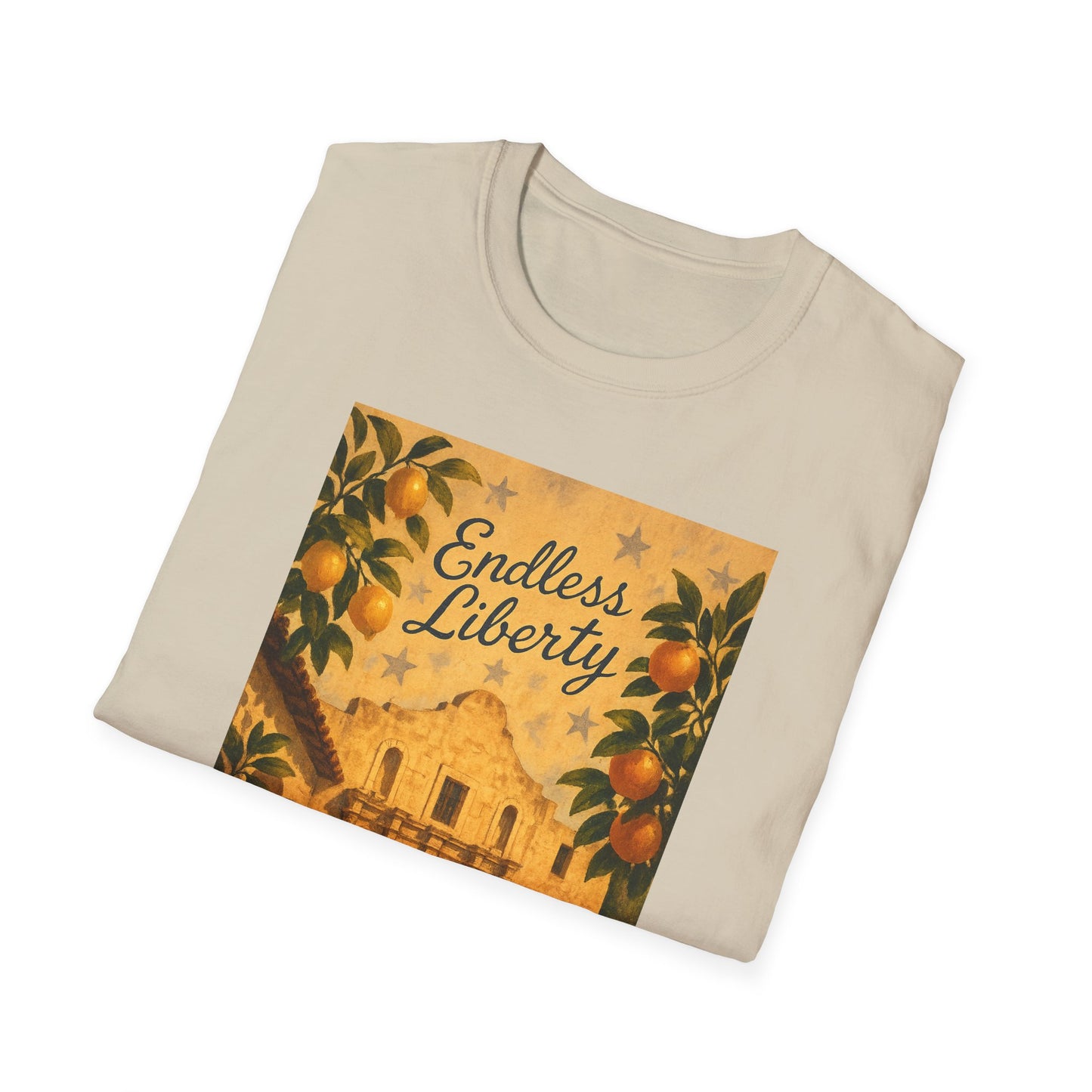 Printify beige t-shirt featuring Alamo citrus patriotic shirt design with oranges and the Alamo building