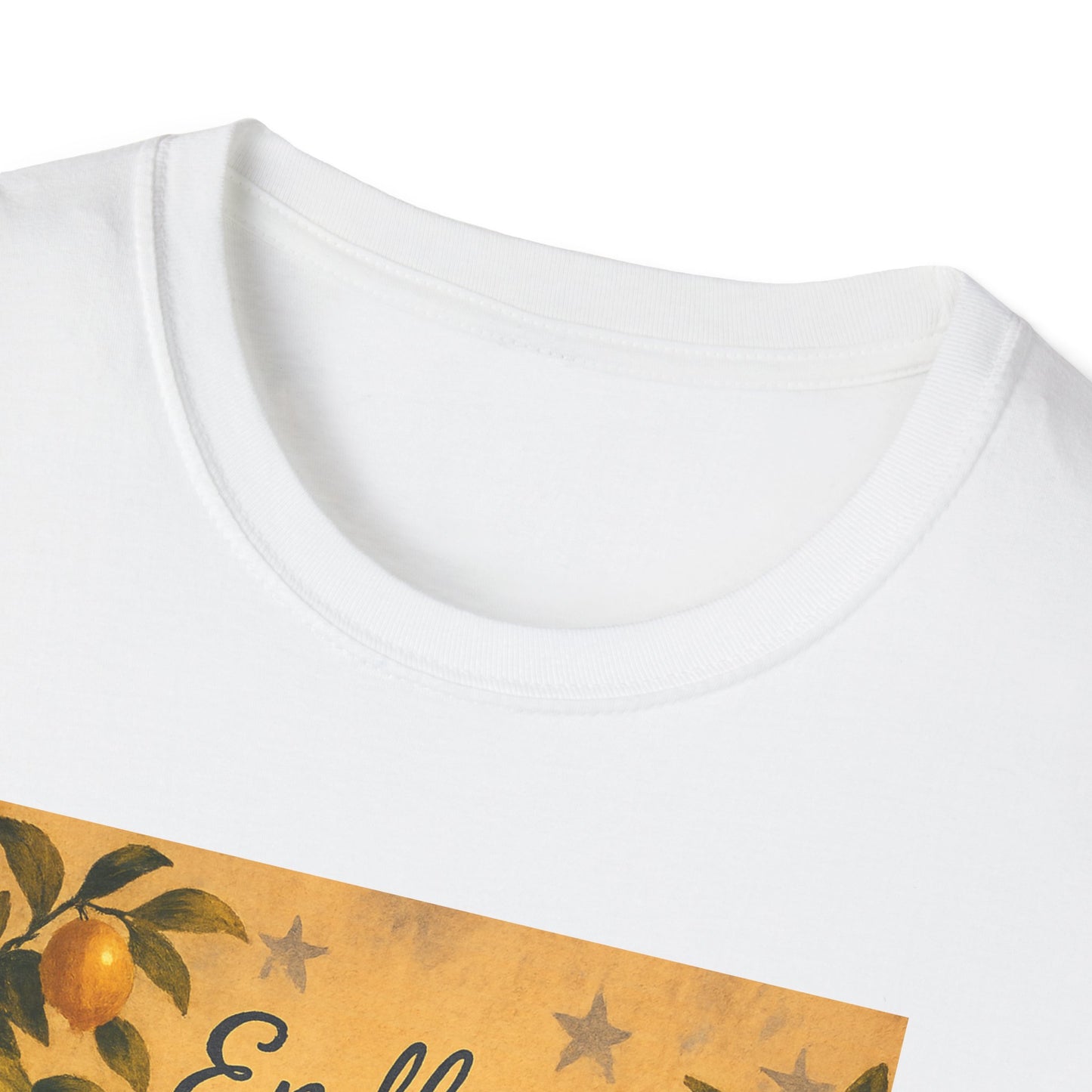 Close up of white Printify T-shirt featuring Alamo citrus patriotic shirt design with orange fruit and stars