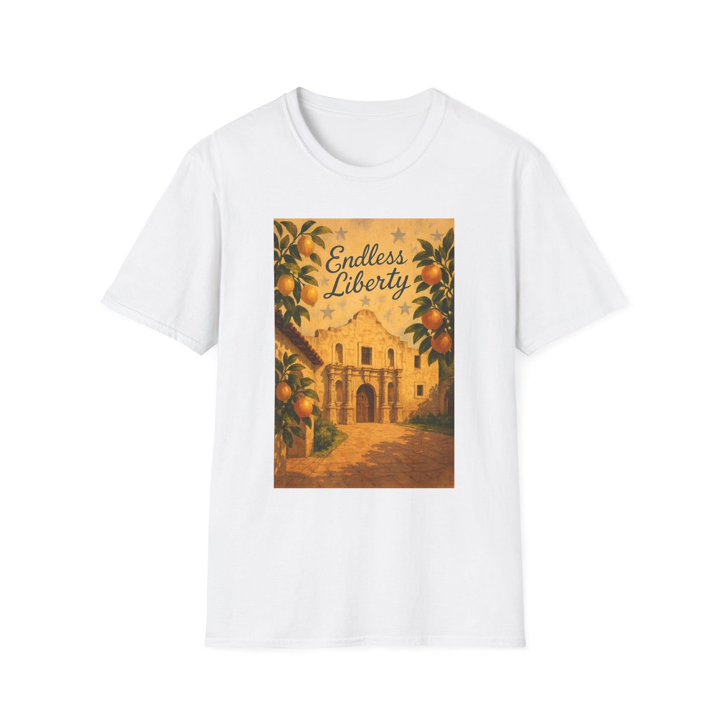 White Printify T-Shirt featuring Alamo citrus patriotic shirt design with orange fruits and Endless Liberty text