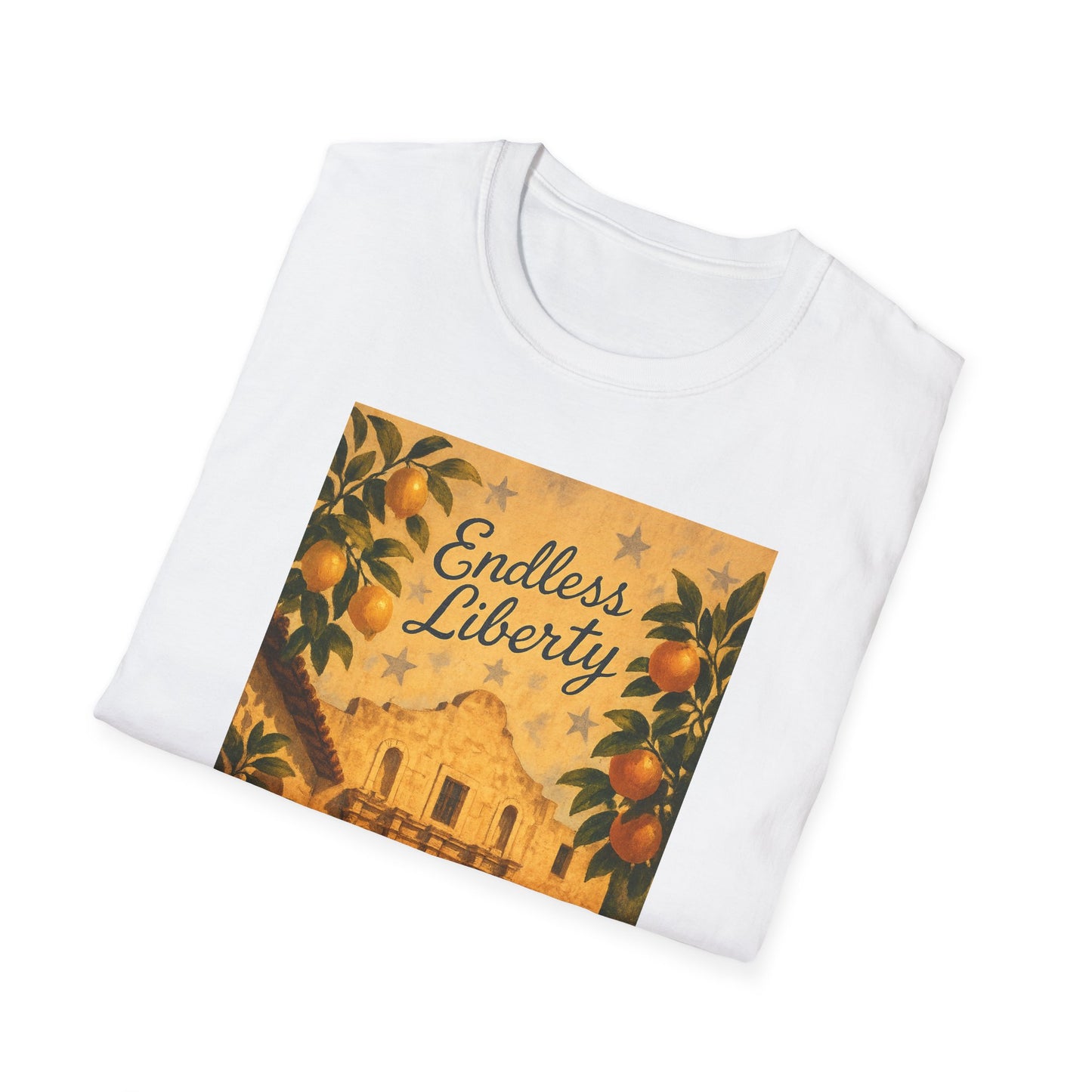 White Printify T-shirt with Alamo citrus patriotic shirt design featuring oranges and the text Endless Liberty