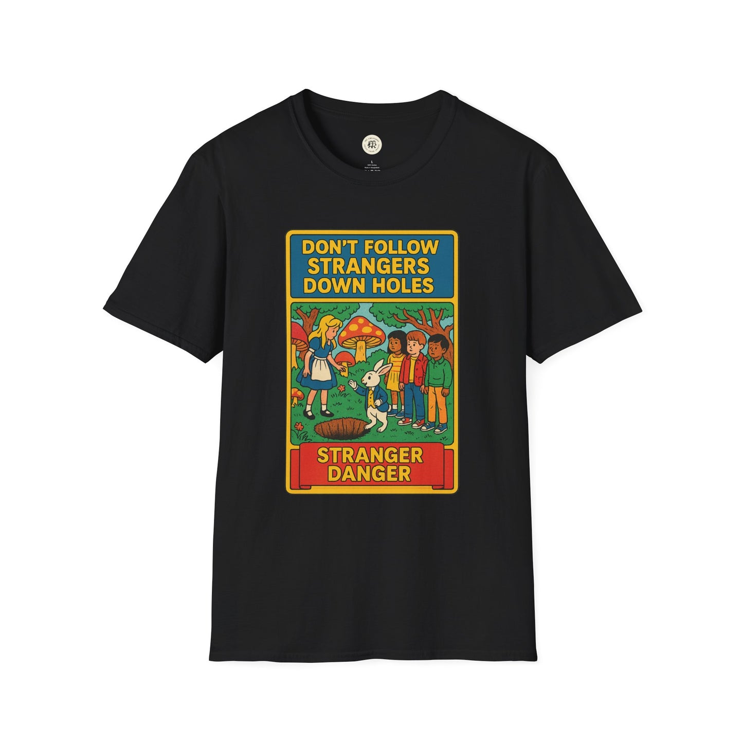 Black Printify T-shirt featuring Alice in Wonderland graphic tee with colorful Stranger Danger design