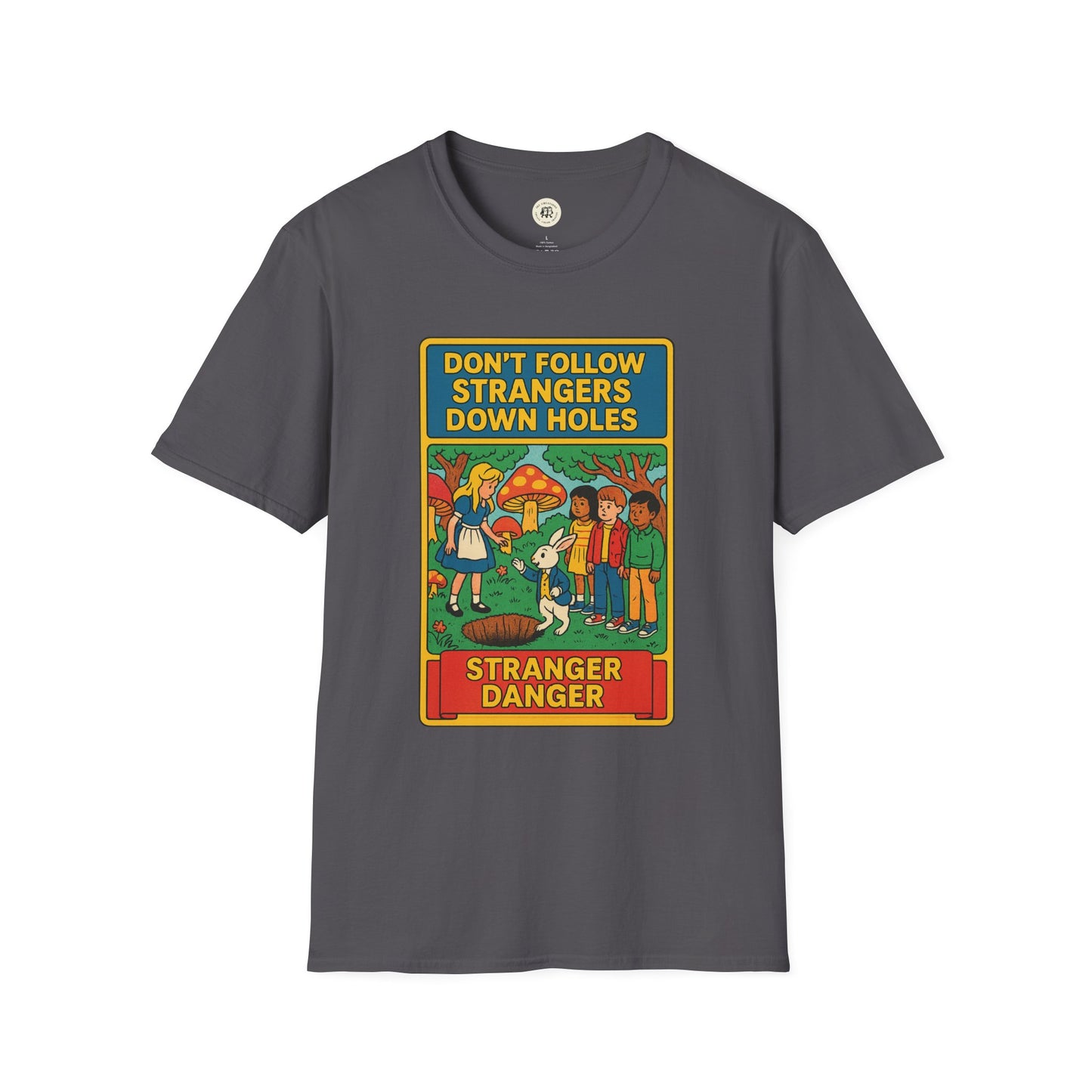 Gray Printify T-Shirt featuring Alice in Wonderland graphic tee with colorful stranger danger design