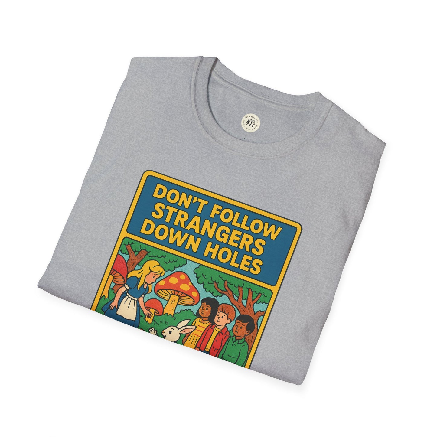Gray Alice in Wonderland graphic tee with colorful vintage style illustration and text on front