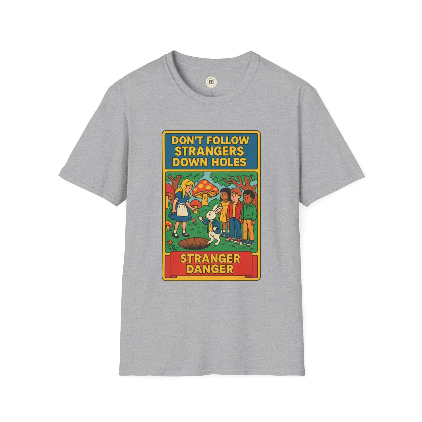 Printify Alice in Wonderland graphic tee with colorful vintage style illustration and warning text