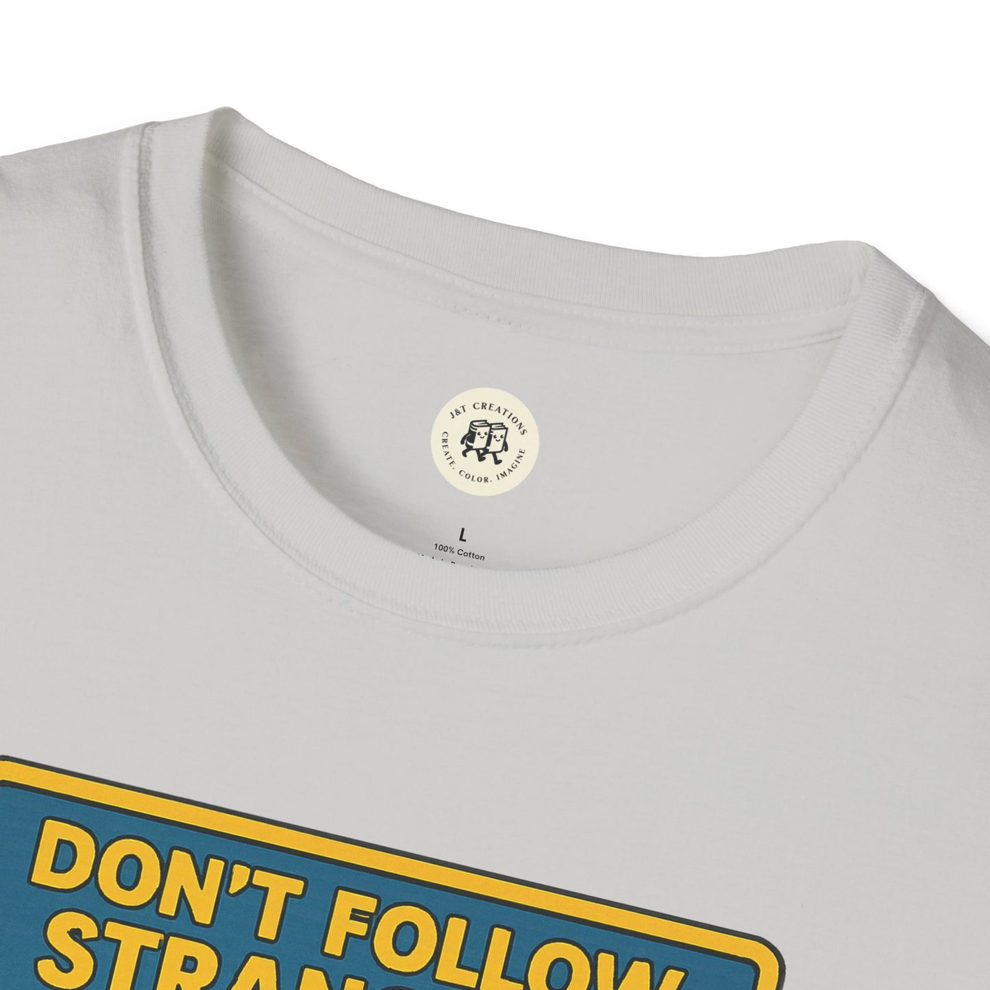 White Printify T-Shirt featuring Alice in Wonderland graphic tee with colorful text design
