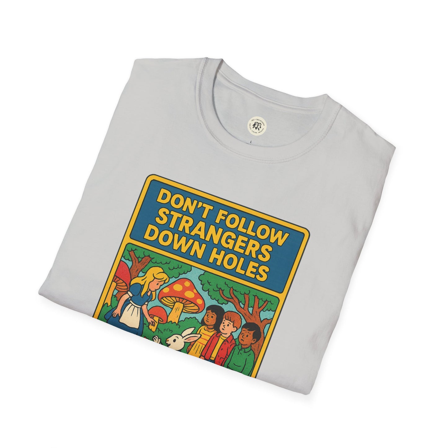 Printify Alice in Wonderland graphic tee with colorful cartoon design and quote on a light gray t-shirt